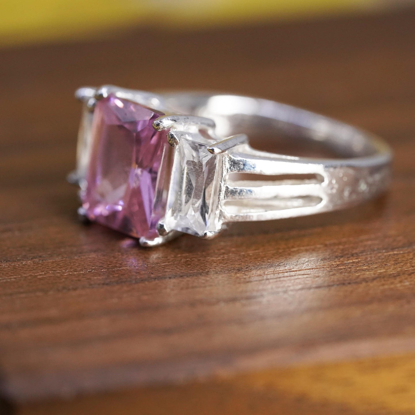 Size 7.5, vintage Sterling 925 silver ring with pink crystal and clear cz