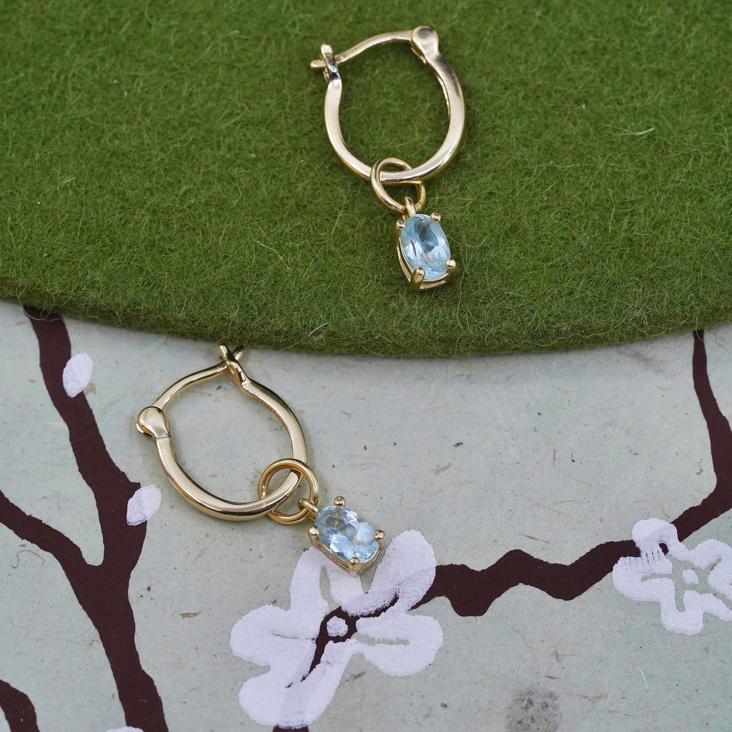0.5”, vermeil gold sterling silver earrings, 925 hoops, huggie blue crystal