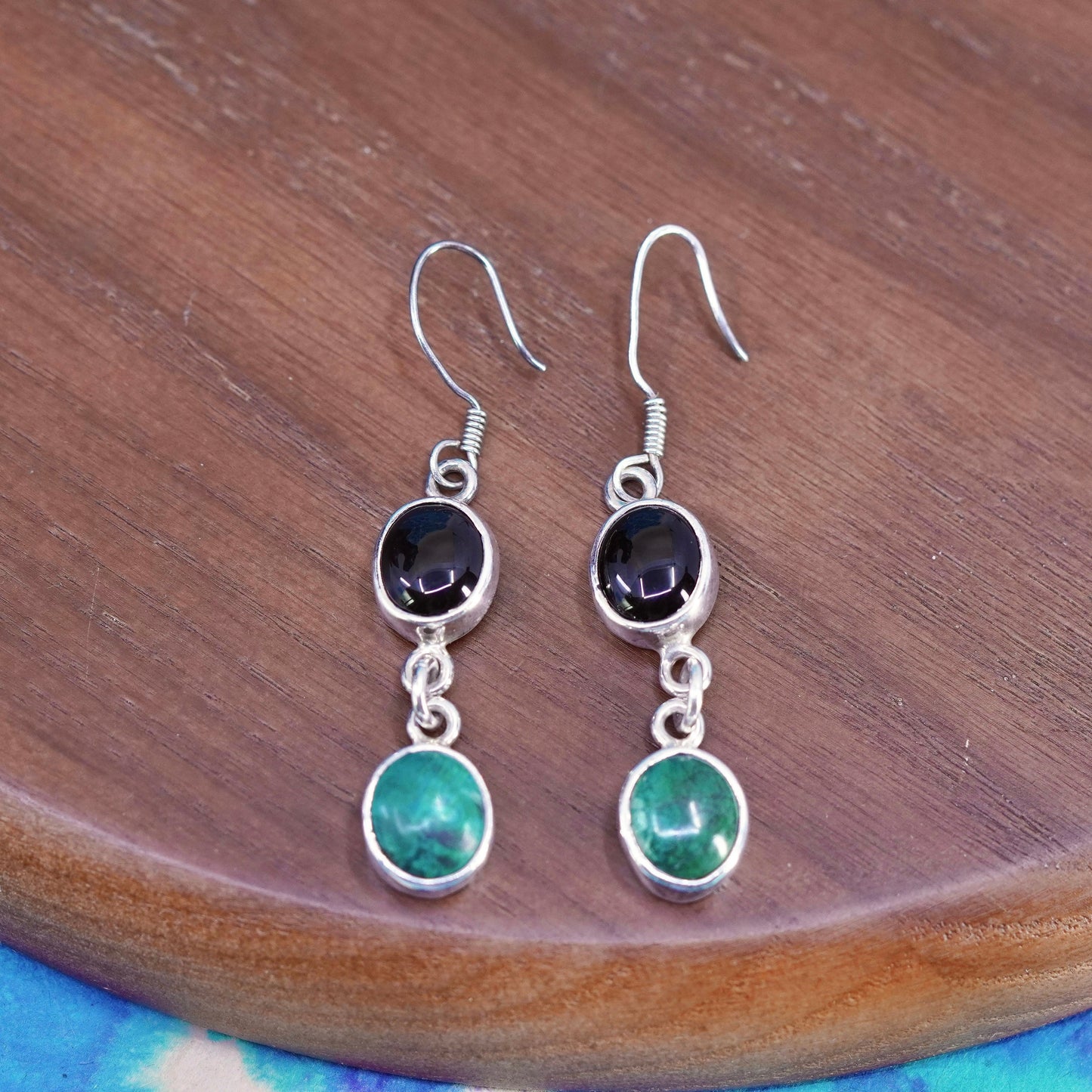 Vintage Mexico Sterling 925 silver handmade earrings with oval onyx turquoise