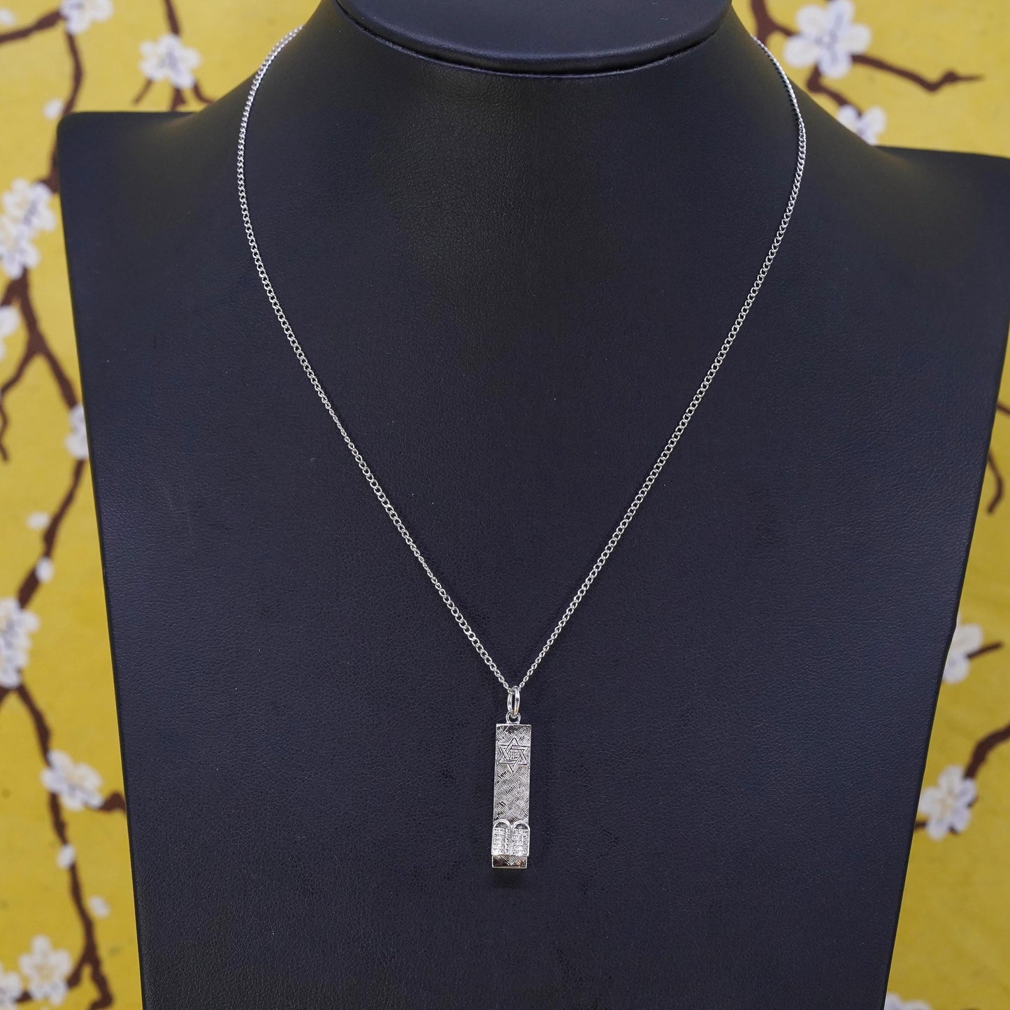 16", Sterling silver necklace, solid 925 curb Hebrew bible tube pendant