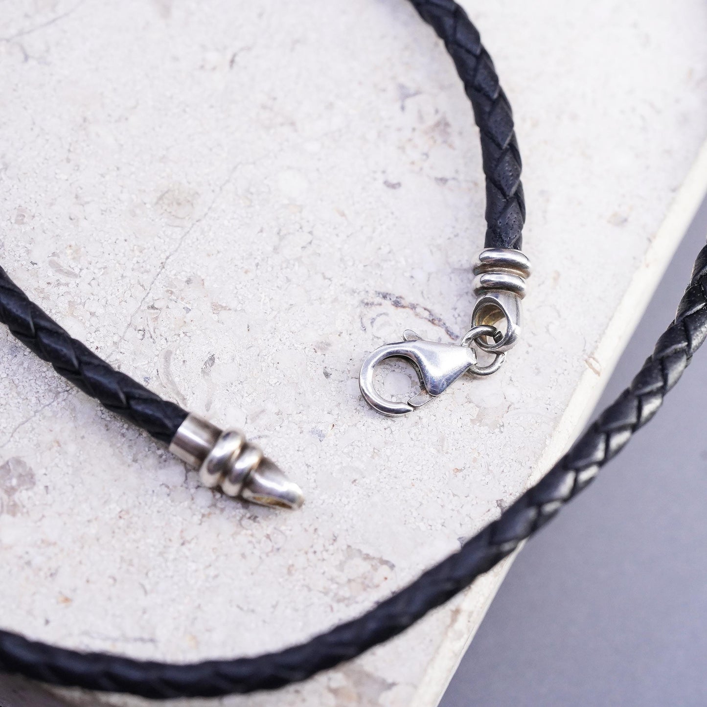 18" 3mm, vintage Sterling Silver Multi Strand woven braided Leather Necklace