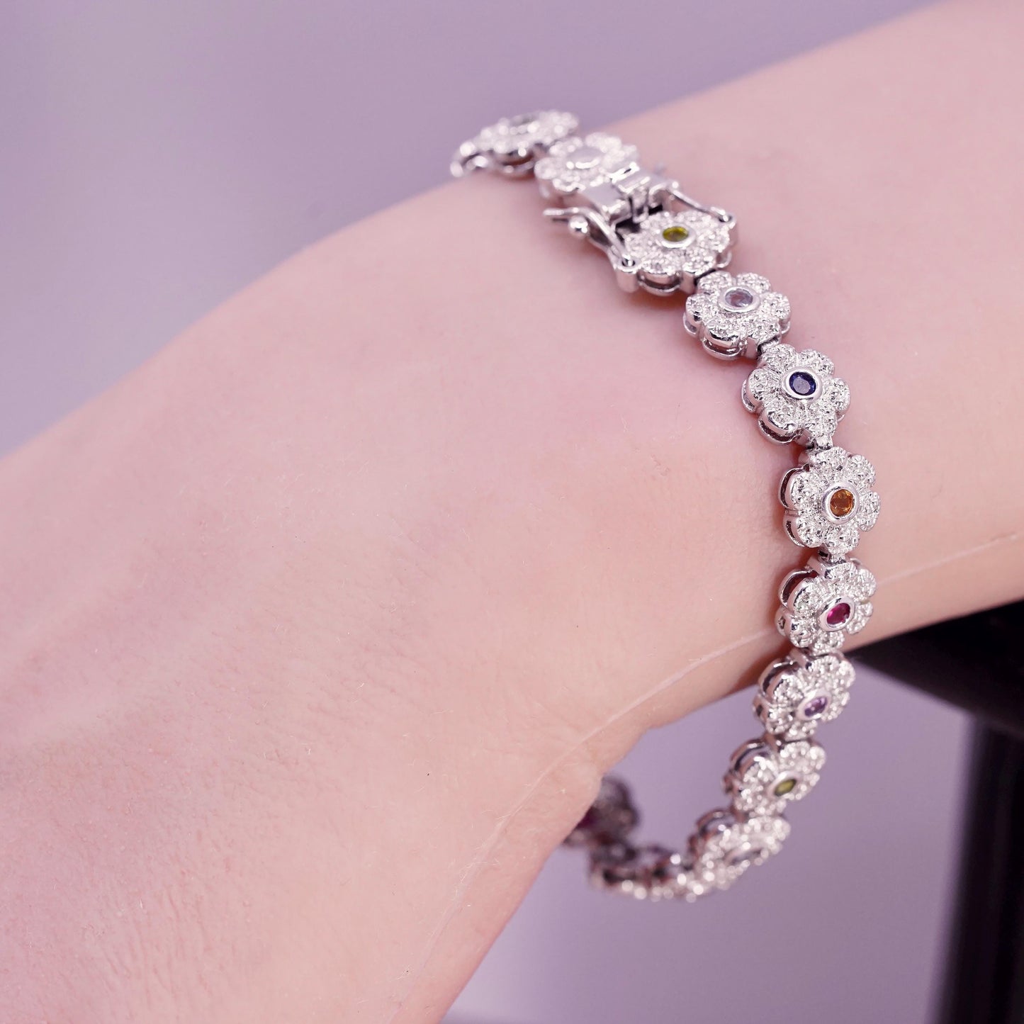 6.75”, vintage sterling 925 silver tennis bracelet with cluster cz flower