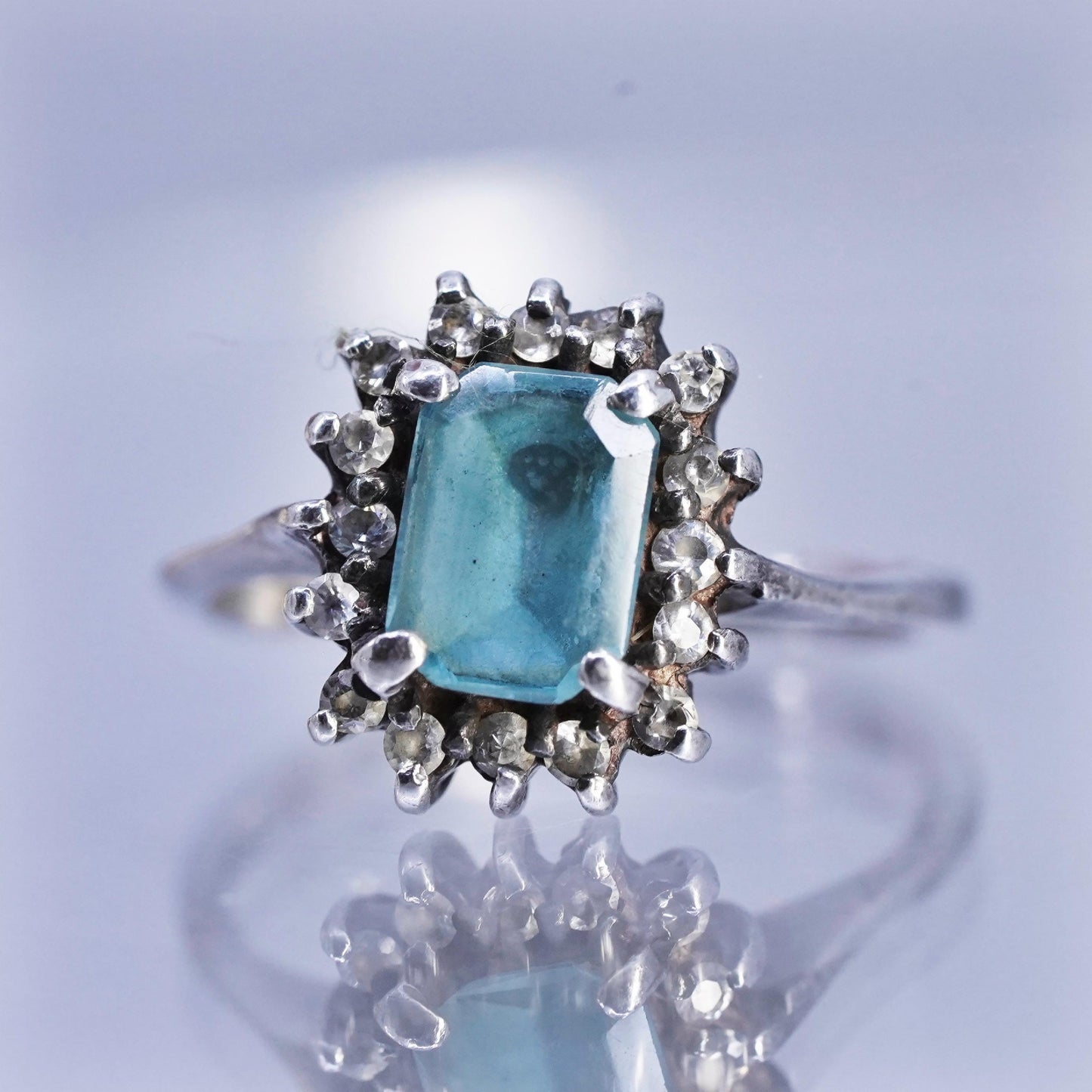 size 4.25, Vintage Sterling Silver 925 emerald cut topaz ring cluster Diamonds