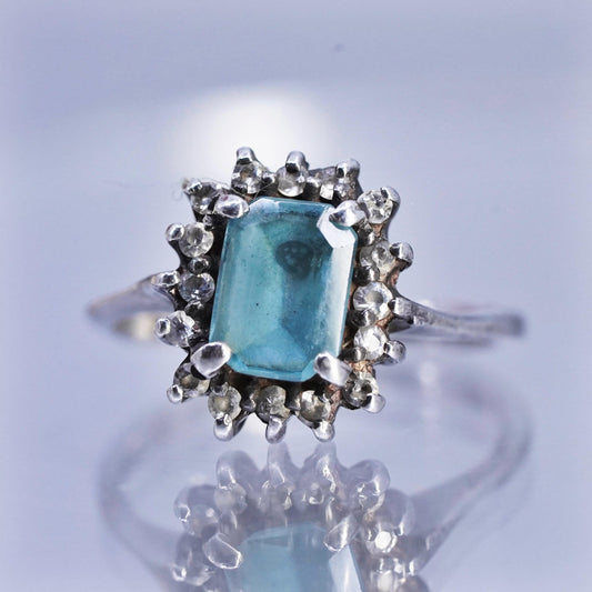 size 4.25, Vintage Sterling Silver 925 emerald cut topaz ring cluster Diamonds