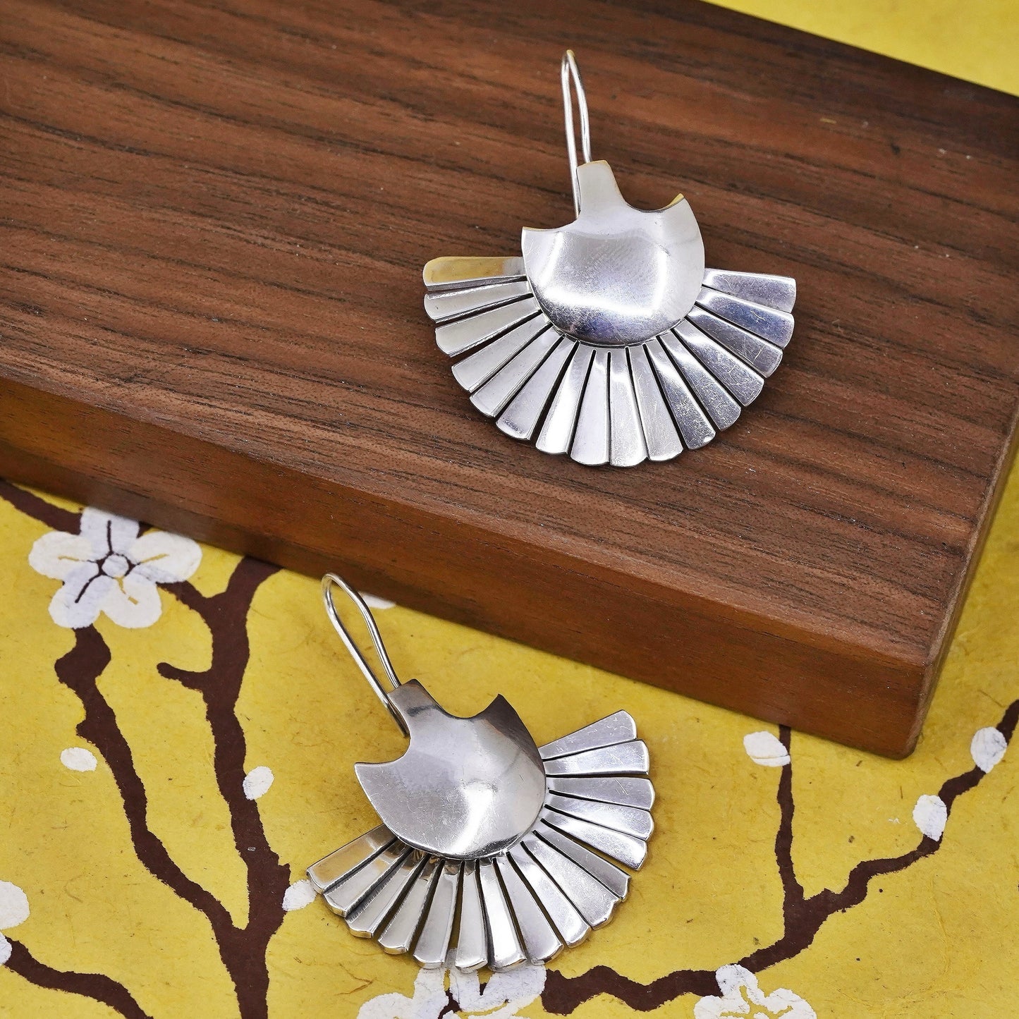 Vintage sterling silver handmade earrings 925 modern simple half fan, modernist