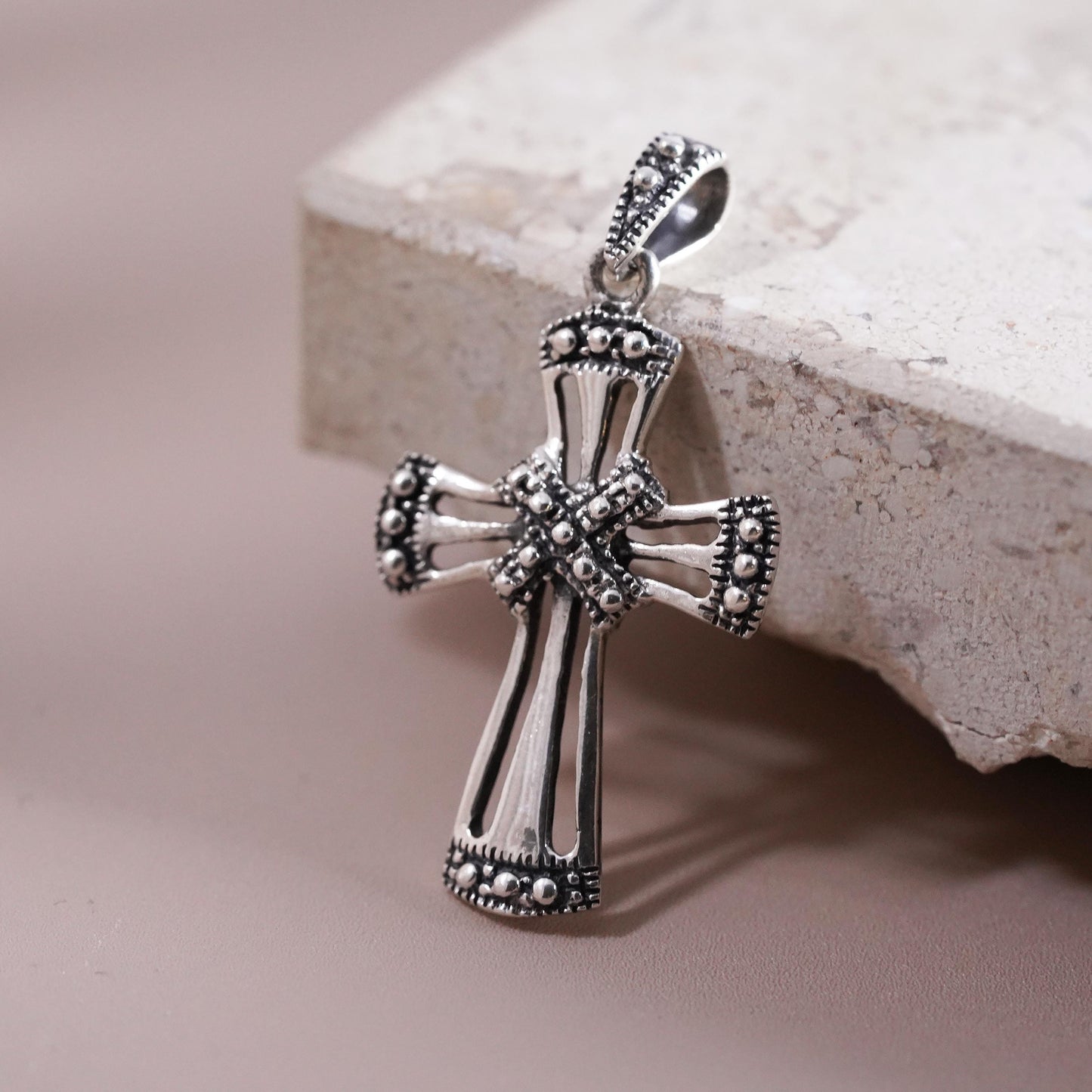 Vintage Sterling silver handmade pendant, 925 beads cross