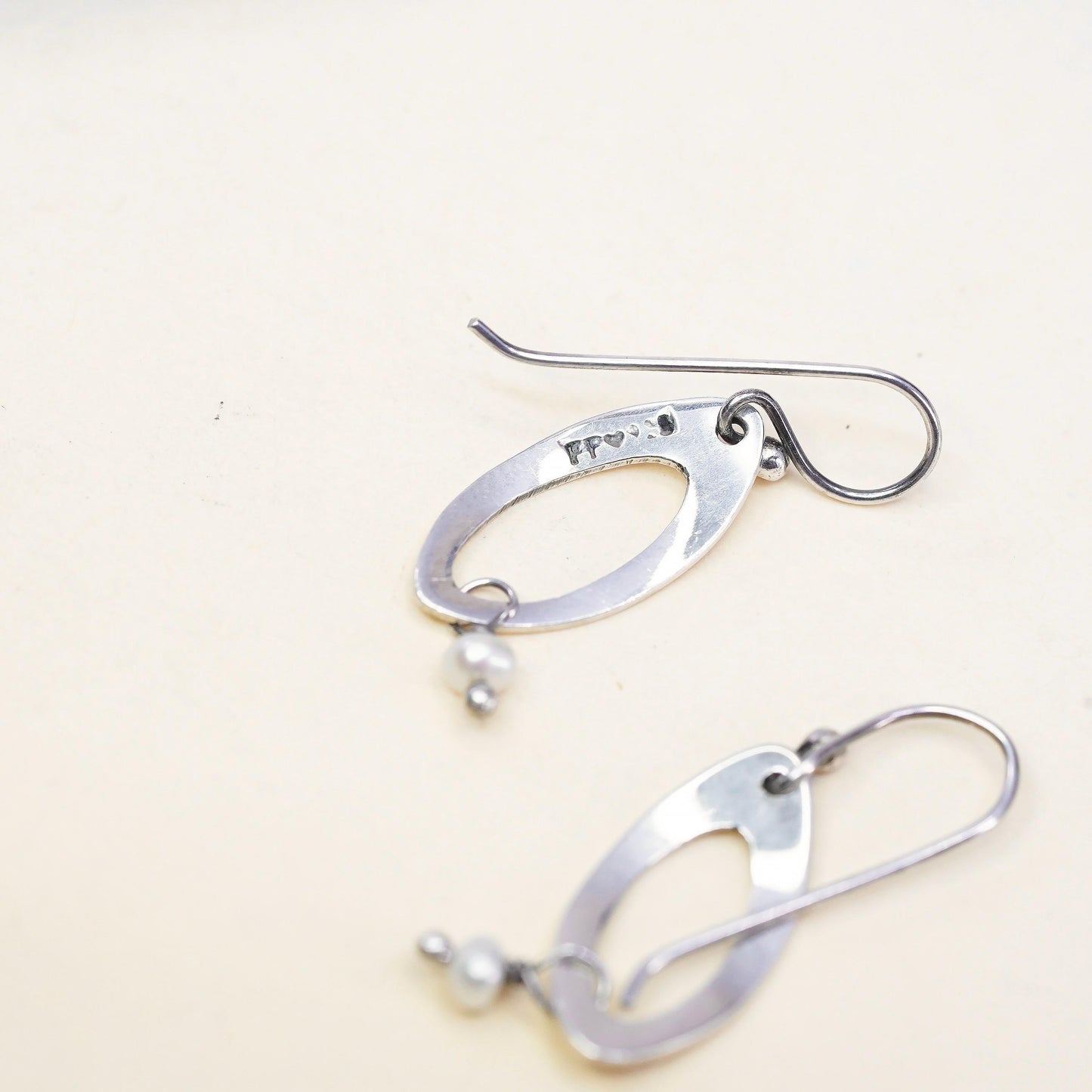 Vintage sterling 925 silver handmade marquise shaped earrings w/ pearl dangles