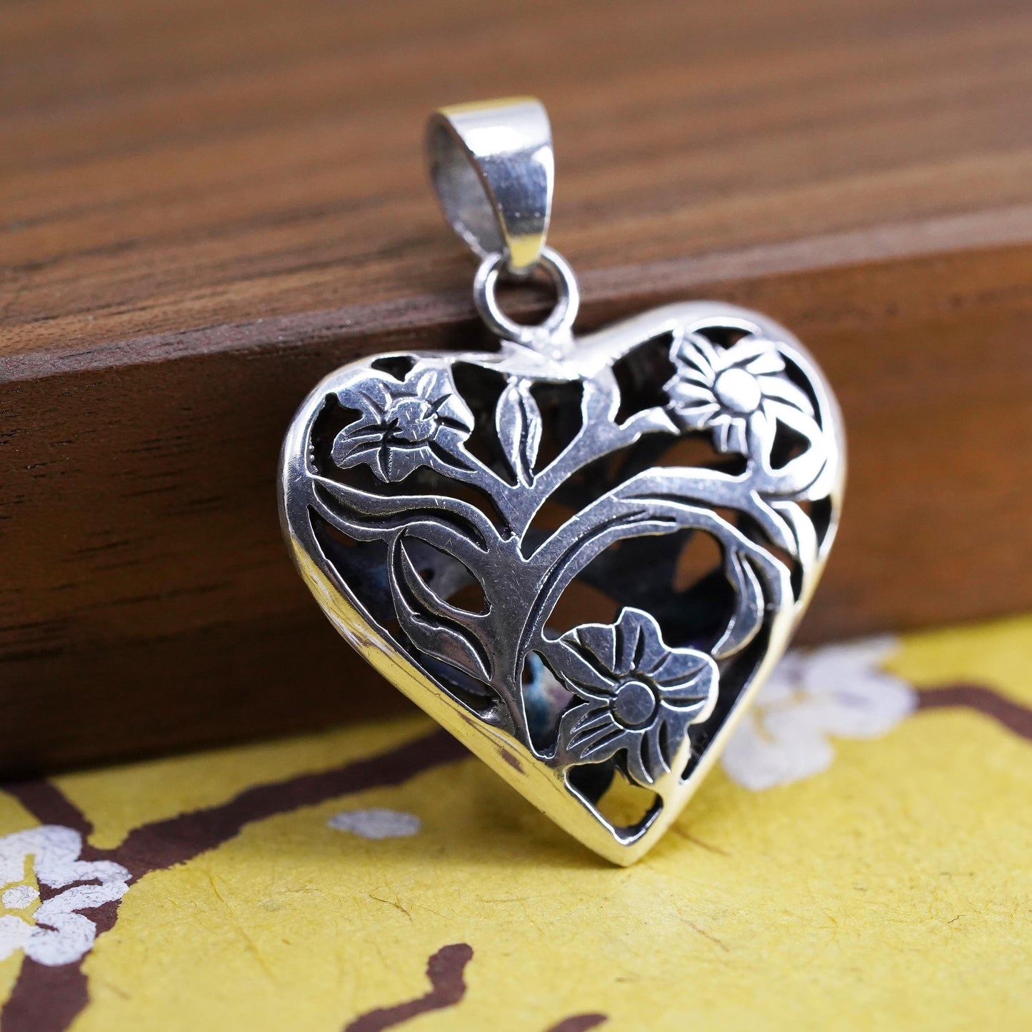 Vintage Sterling silver handmade flower pendant, puffy 925 heart charm