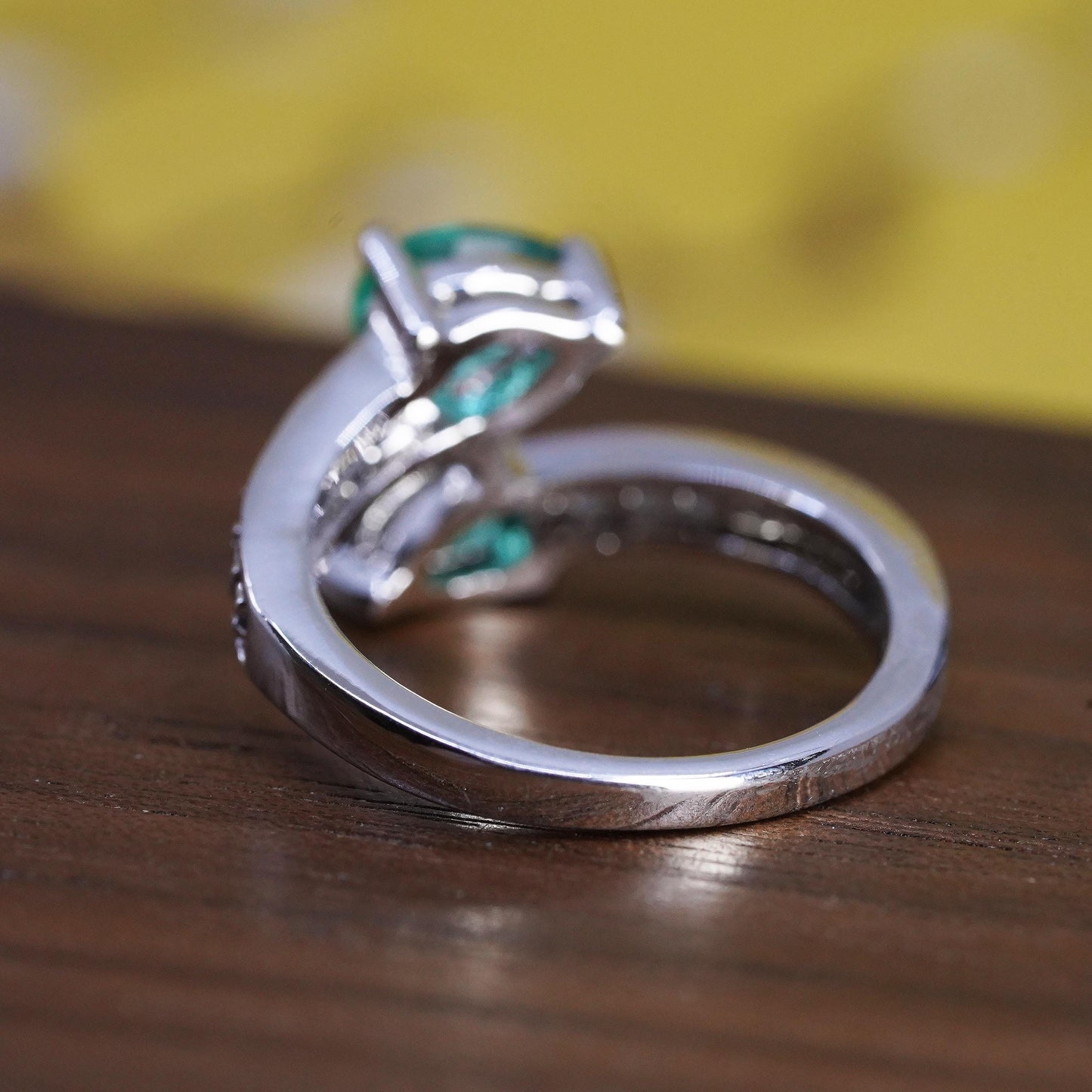 Size 6, VTG Emerald Diamond Bypass Toi et Moi Ring, Sterling Silver 925 Ring