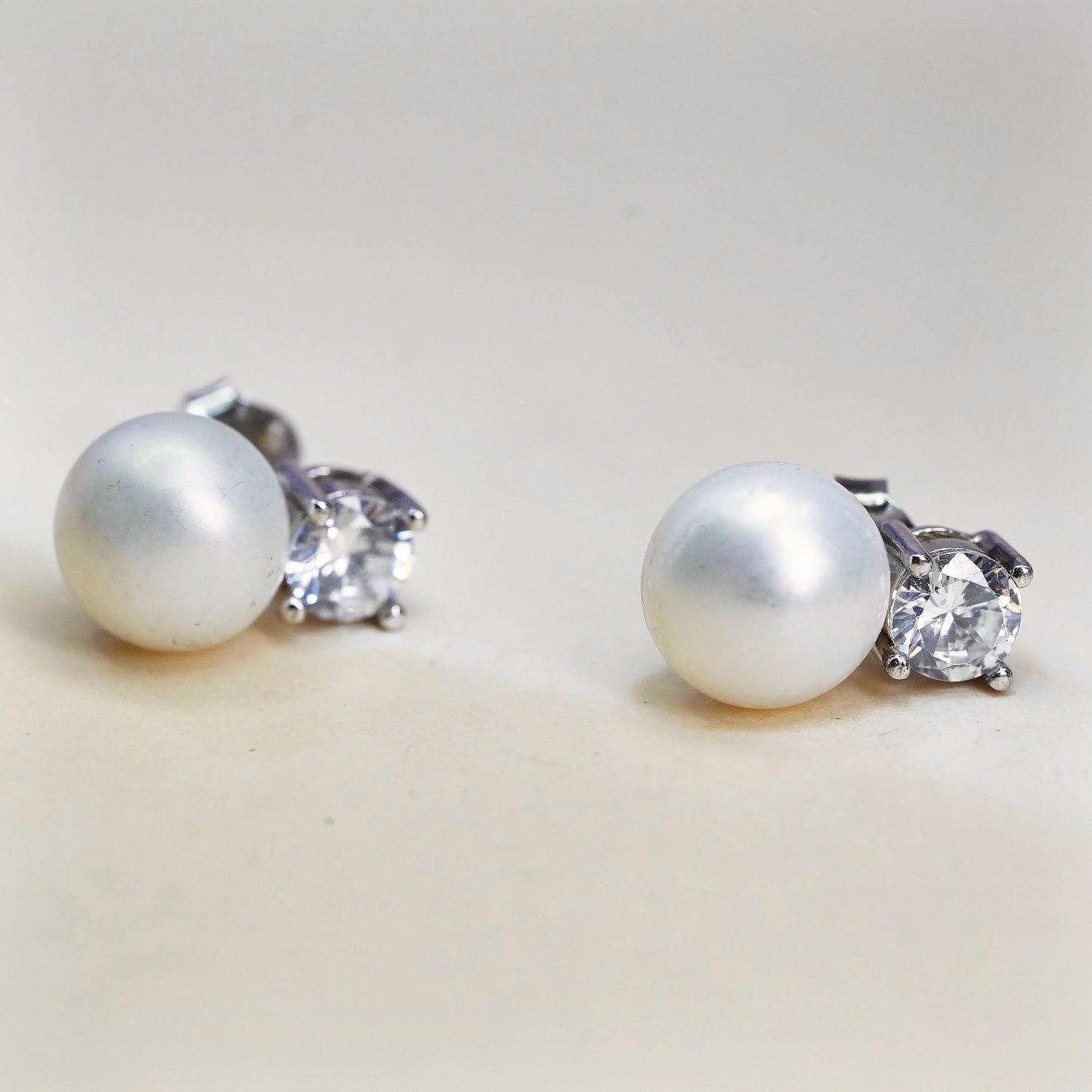 Vintage LUC sterling silver earrings, 925 studs with pearl and cz