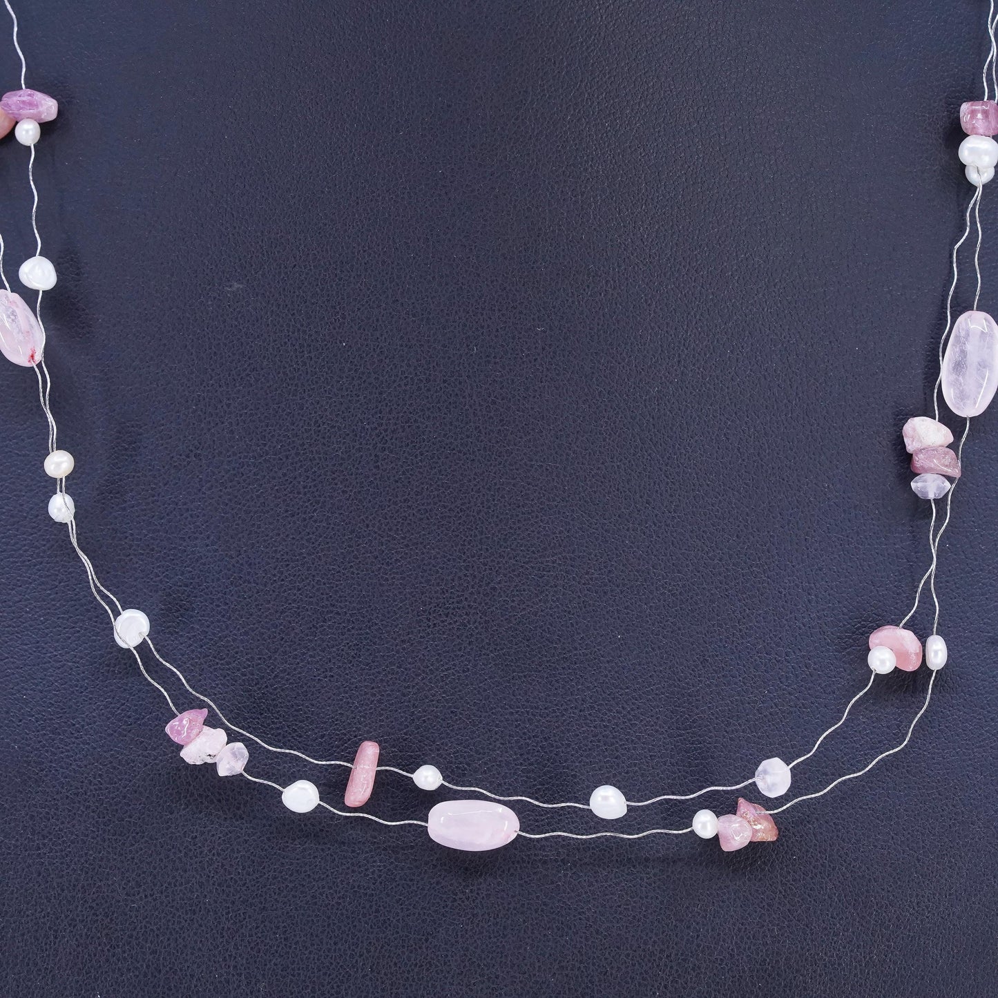 18” double strands necklace 925 sterling Silver clasp Rose Quartz Pearl beads