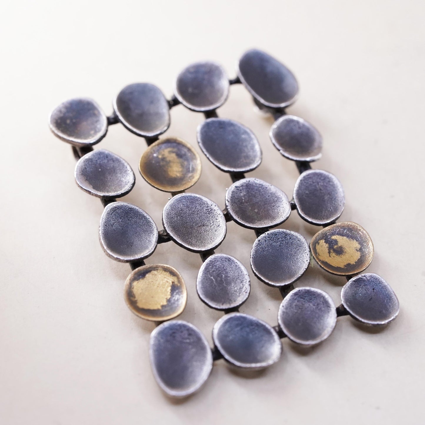 two tone sterling silver pendant, fine 925 pebble discs 14K yellow gold accent