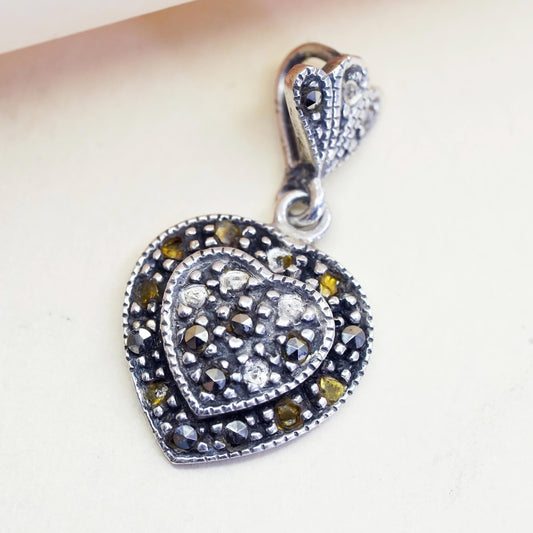 Vintage Sterling silver handmade pendant, 925 heart with marcasite details