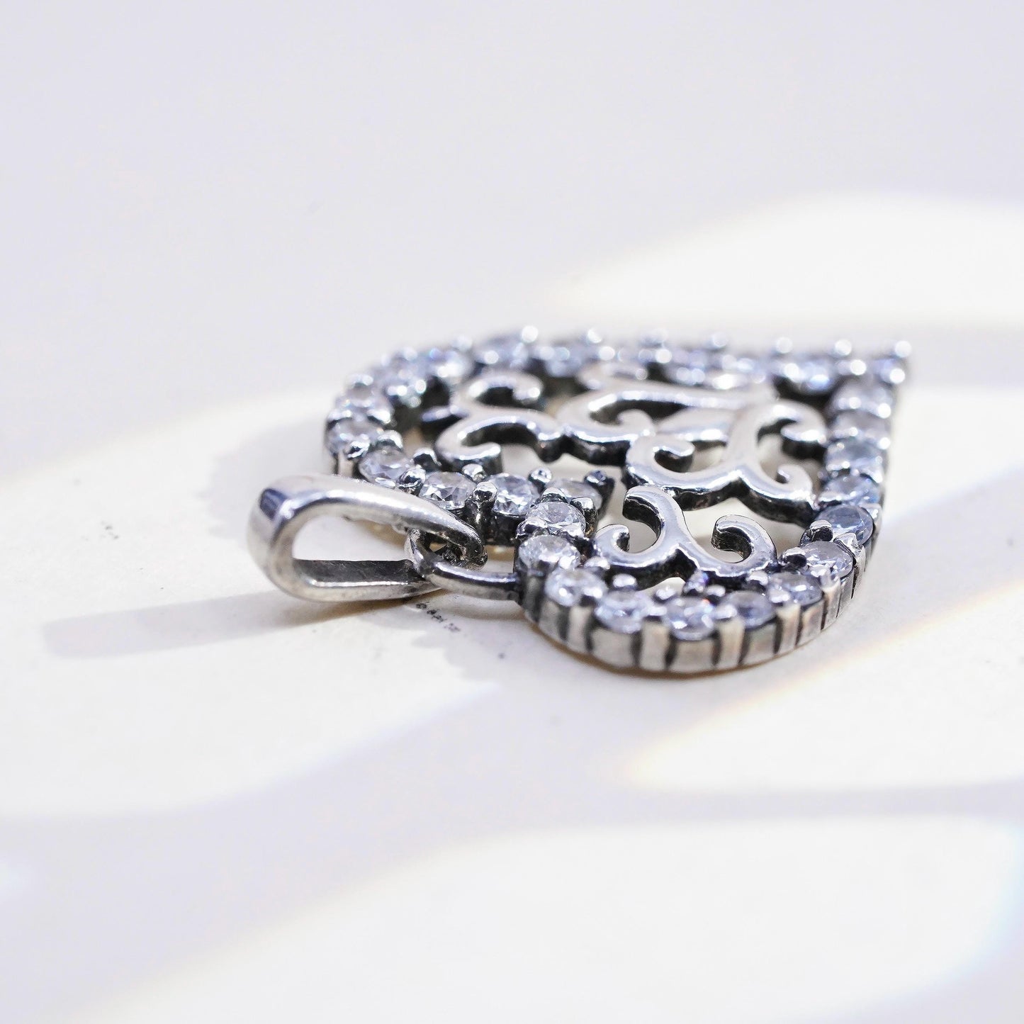 Vintage sterling silver filigree heart charm, 925 pendant with cluster Cz