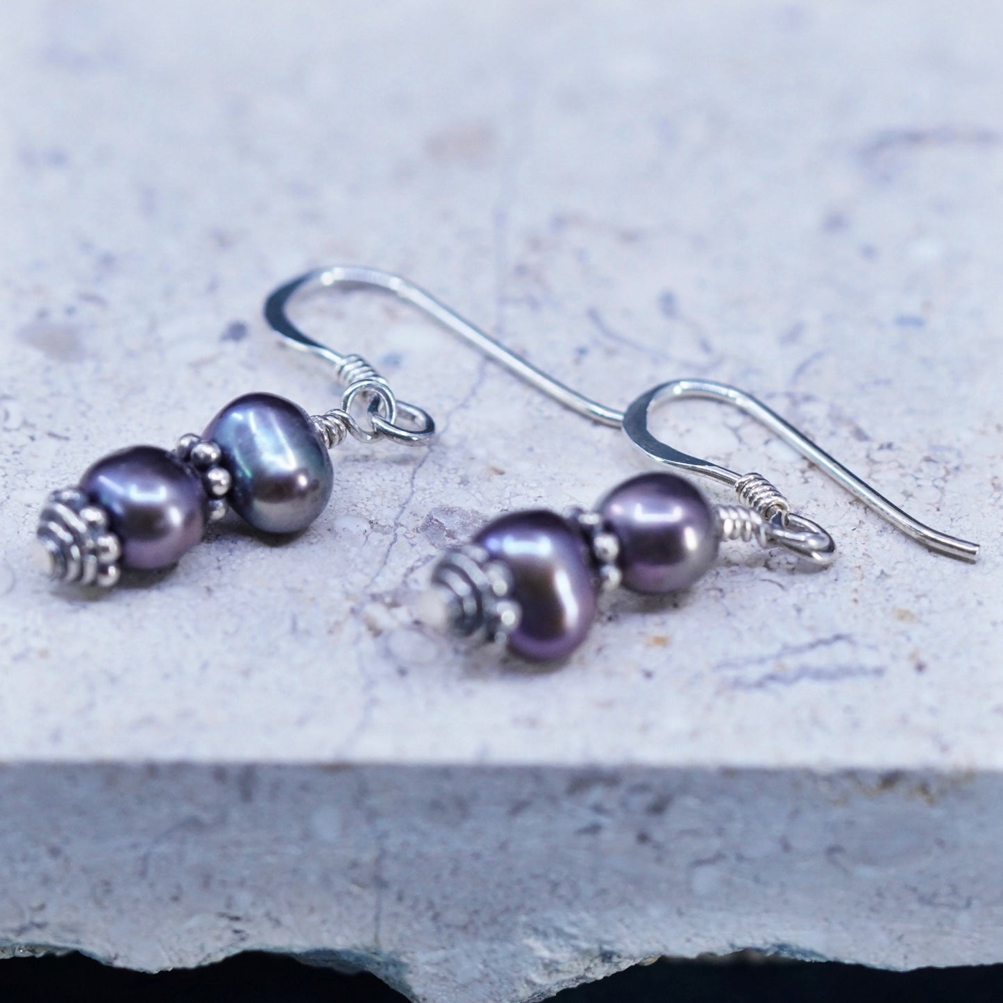 Vintage Sterling silver handmade earrings, 925 hooks with black pearl