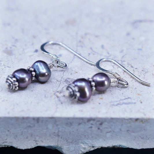 Vintage Sterling silver handmade earrings, 925 hooks with black pearl