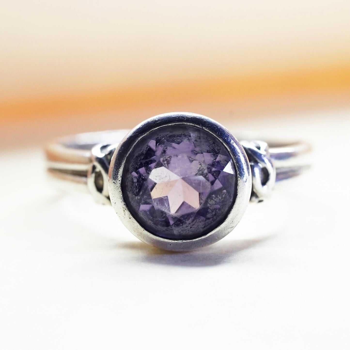 Size 7.5, vintage Sterling silver handmade ring, 925 band with round amethyst