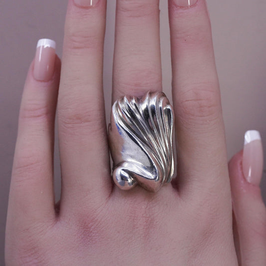 Size 6, Sterling Silver Sculptural Statement Ring, Abstract Swirl, Chunky Band