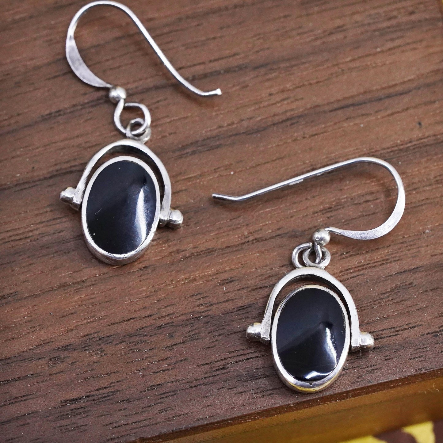 VTG Boma Sterling silver handmade earrings,double sided 925 oval dangles onyx