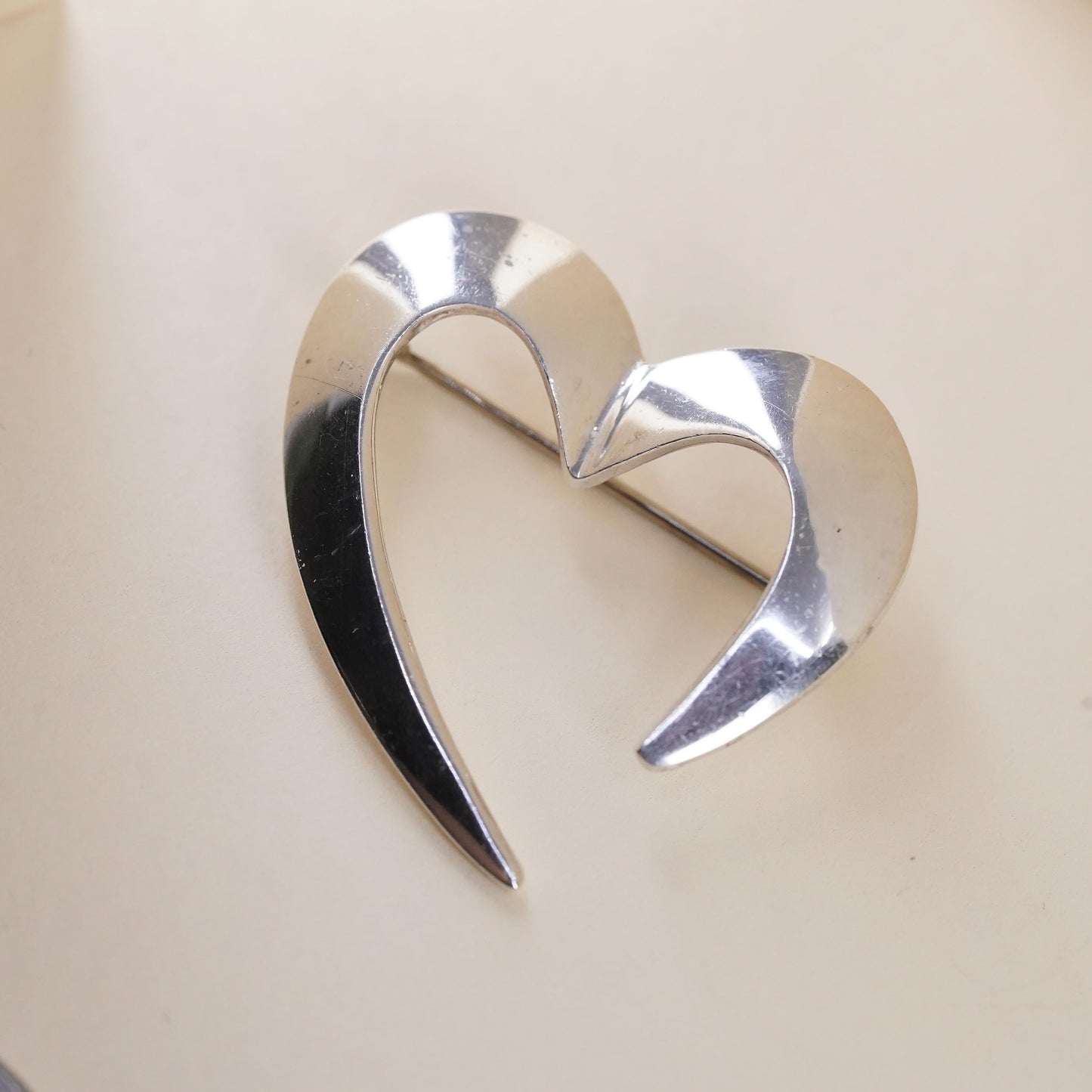 Vintage sterling silver handmade brooch, 925 open heart