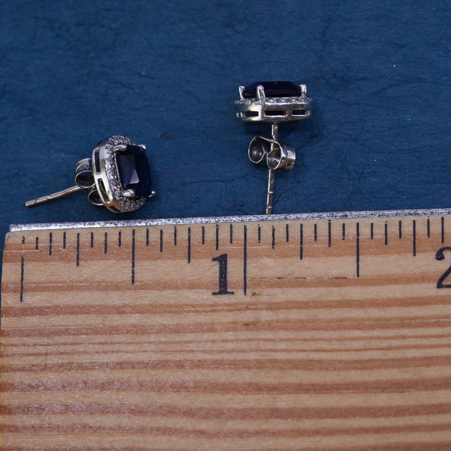 Vintage sterling silver handmade earrings, 925 studs with cluster Cz sapphire