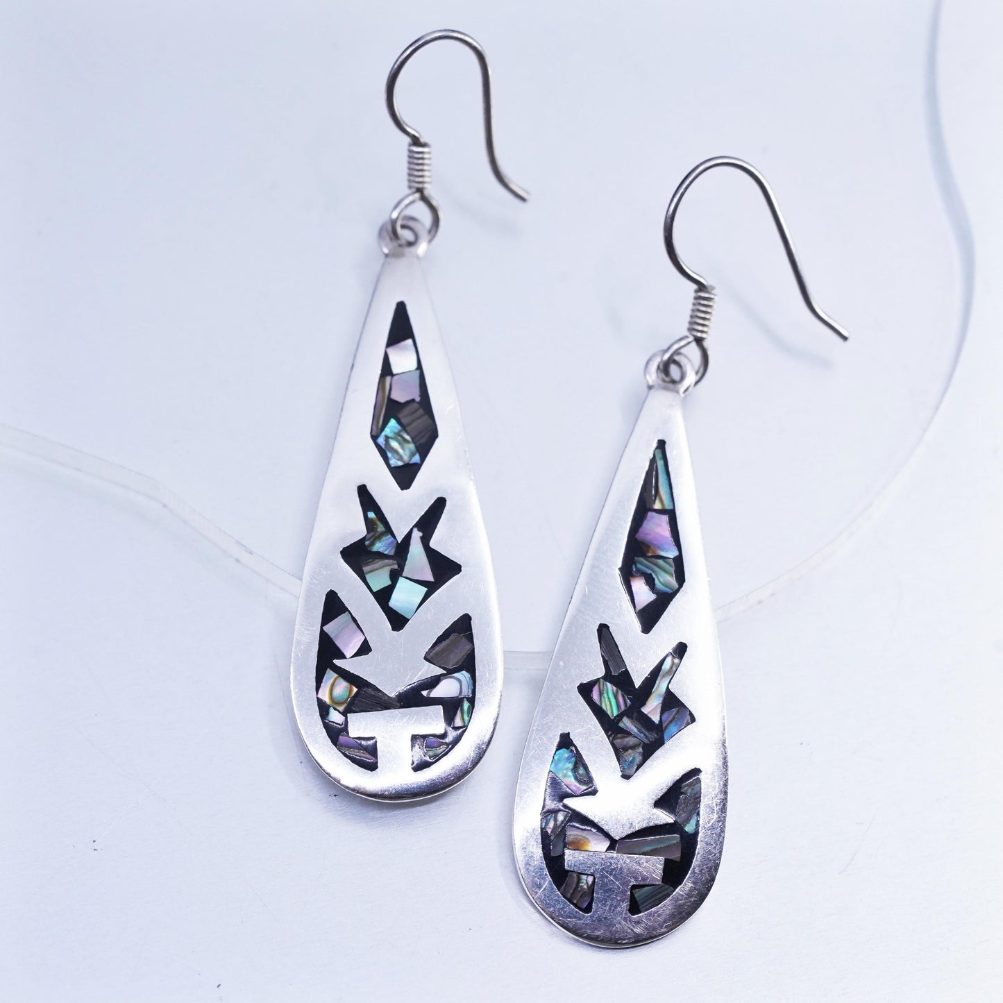 Vintage Mexican Sterling 925 silver handmade teardrop earrings abalone inlay