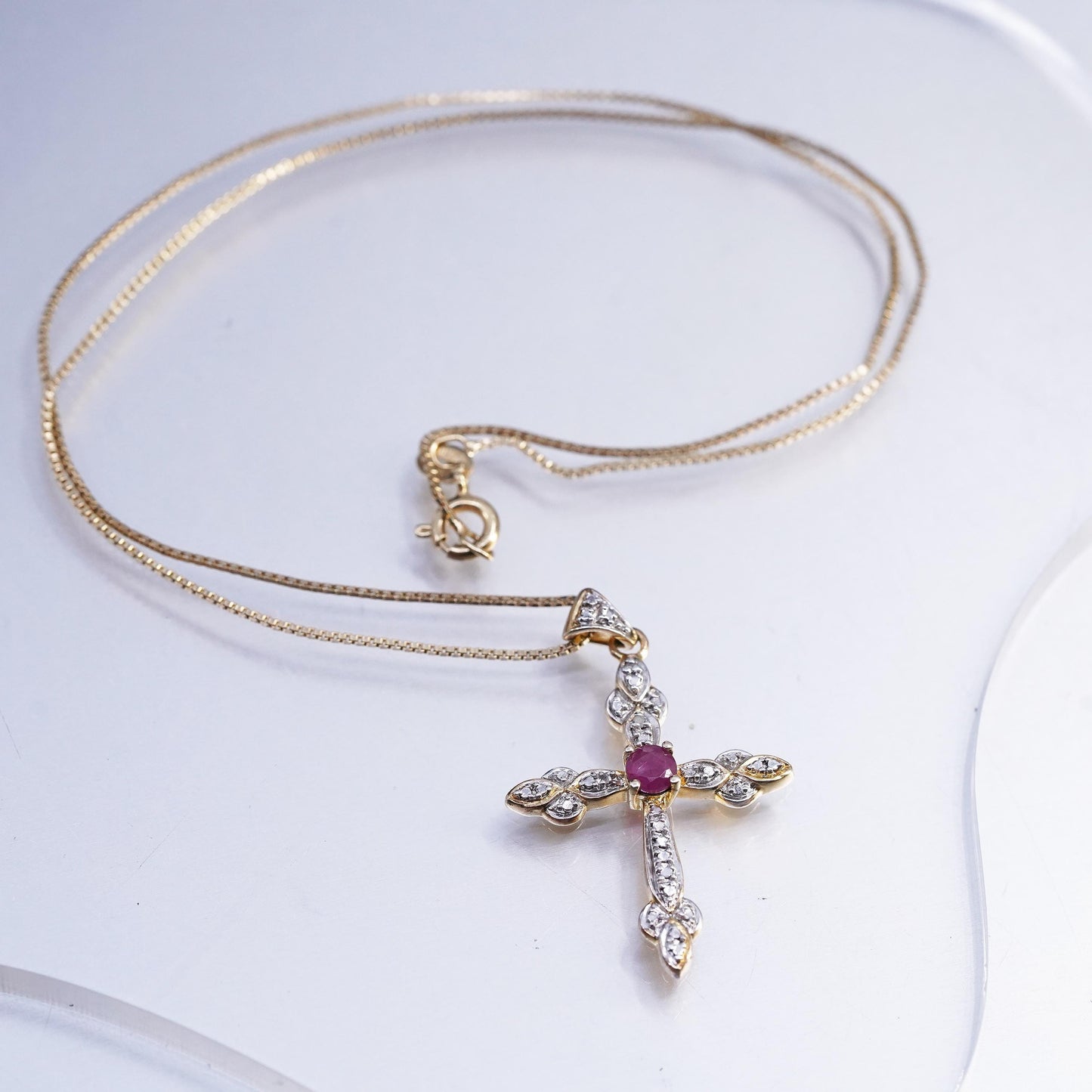 18", vermeil gold sterling 925 silver box necklace ruby diamonds cross pendant