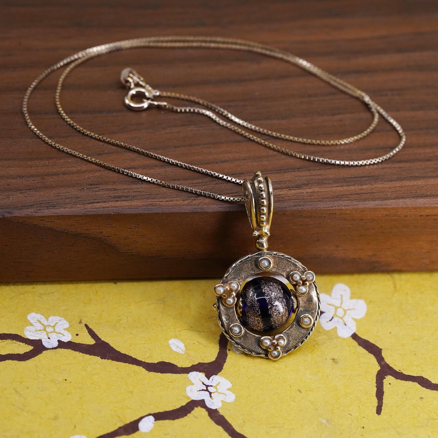 18”, vermeil gold Sterling silver necklace, 925 box chain foiled glass pearls