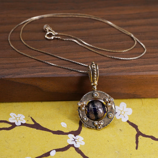 18”, vermeil gold Sterling silver necklace, 925 box chain foiled glass pearls