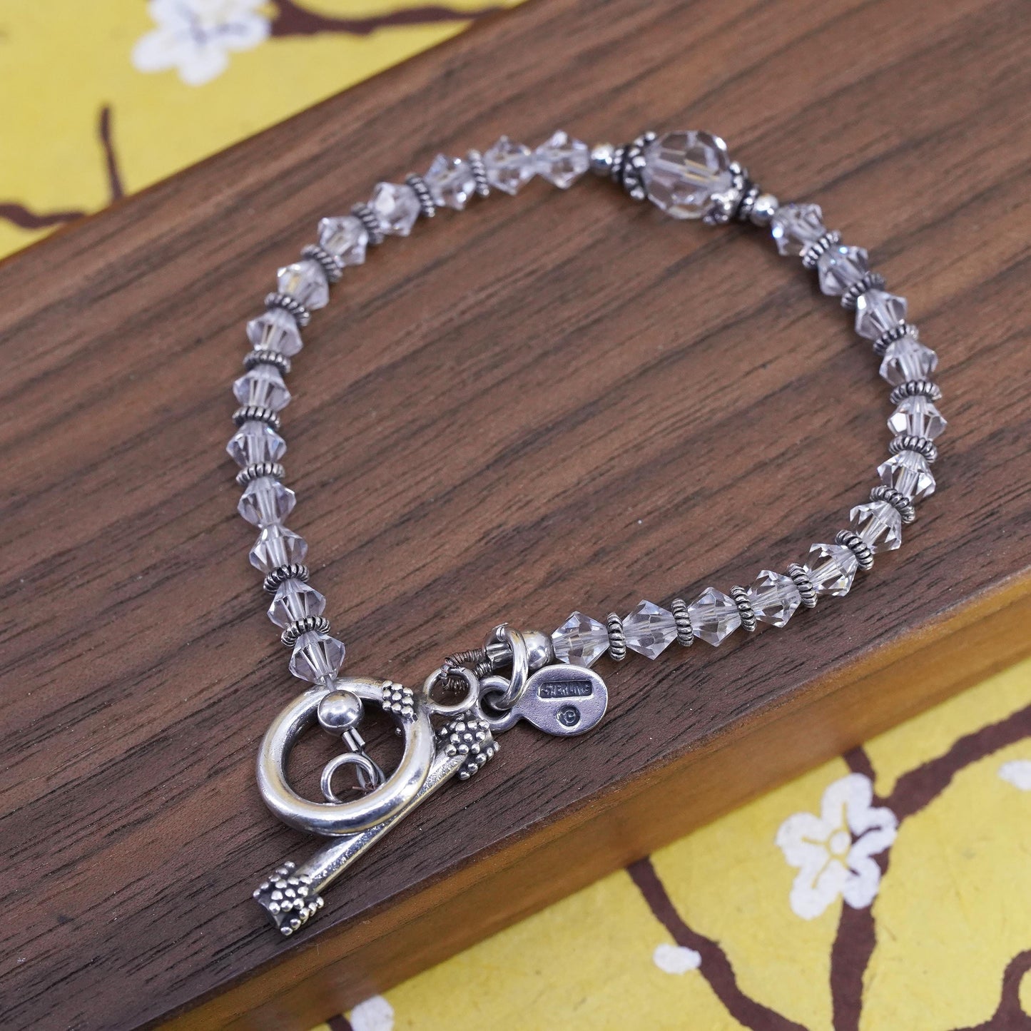6.75”, MB Sterling silver bracelet, 925 beads with crystal and toggle closure