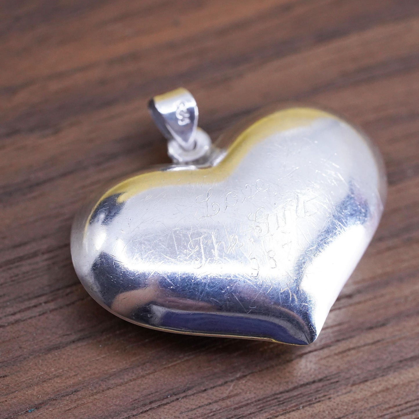 VTG Sterling silver heart pendant, puffy 925 heart engraved “happiness always”