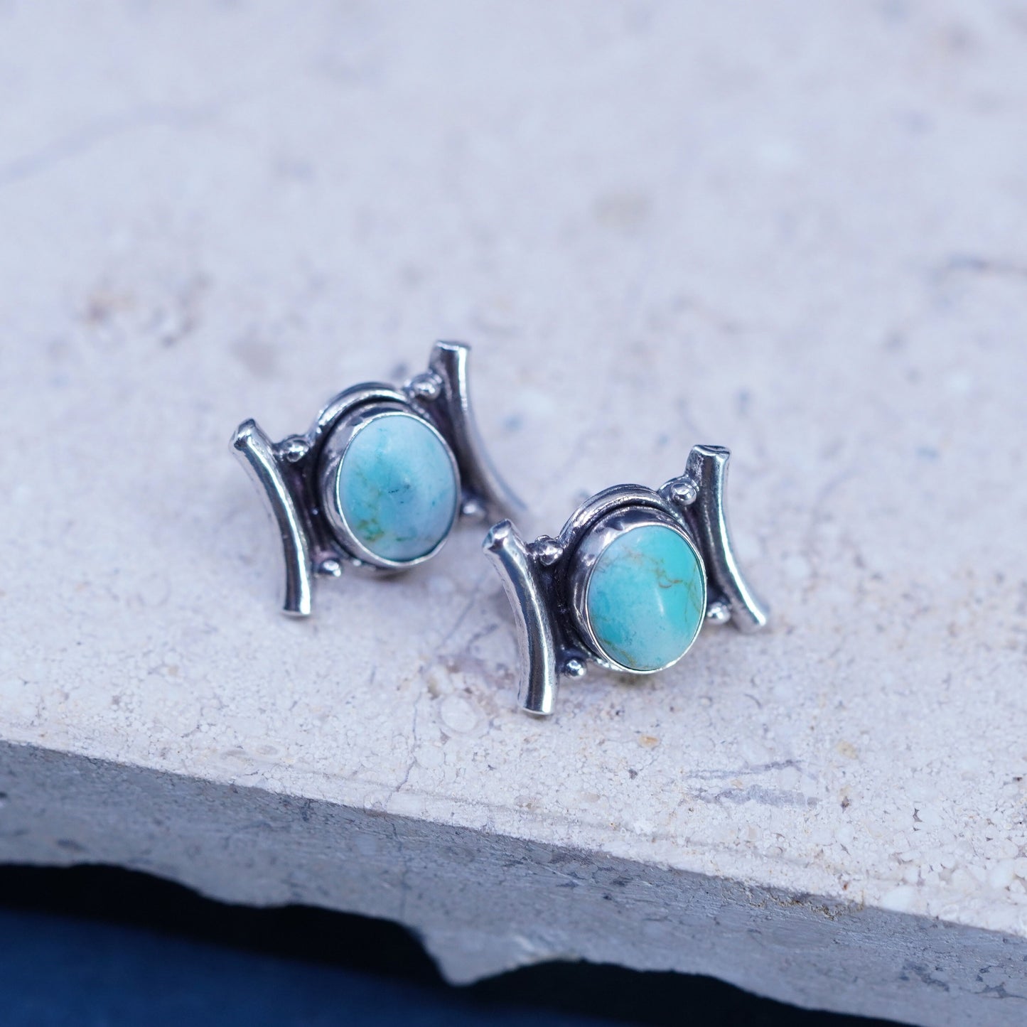 Vintage sterling silver handmade earrings, 925 studs with oval turquoise