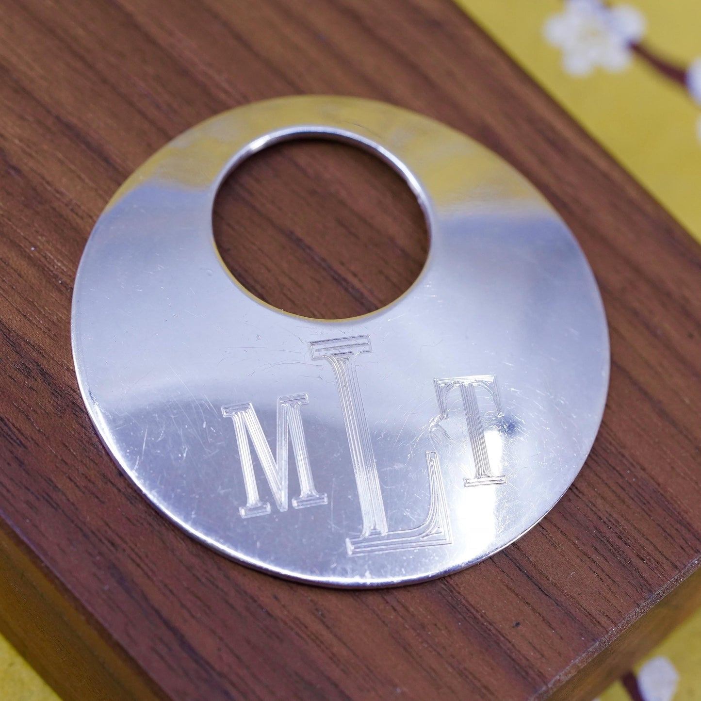 Vintage Sterling 925 silver handmade circle pendant with name monogram "MTL"