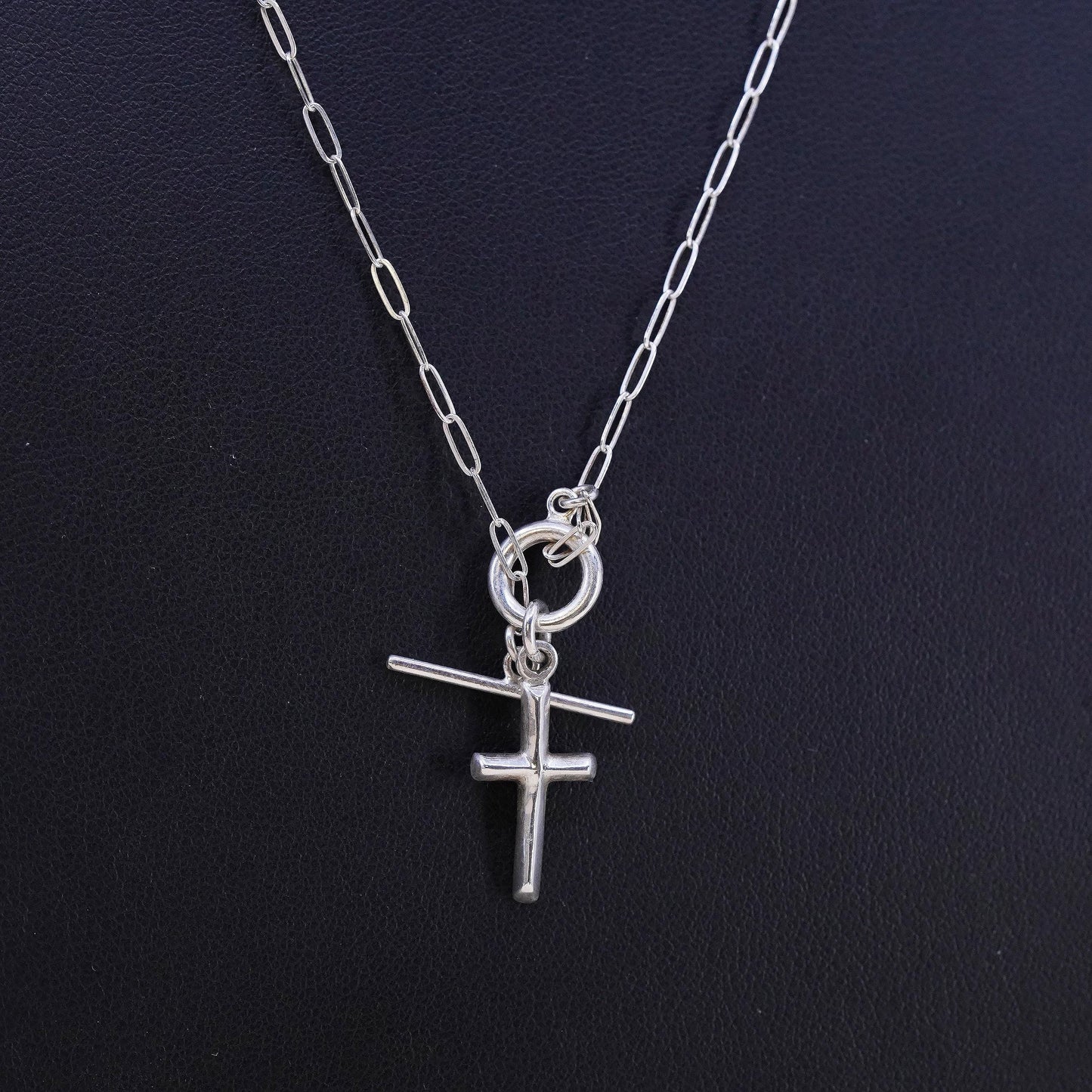 20”, sterling 925 silver necklace, cross pendant elongated chain toggle closure
