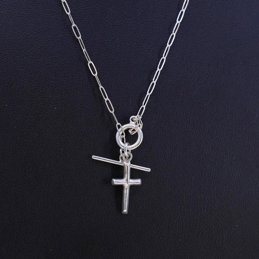 20”, sterling 925 silver necklace, cross pendant elongated chain toggle closure
