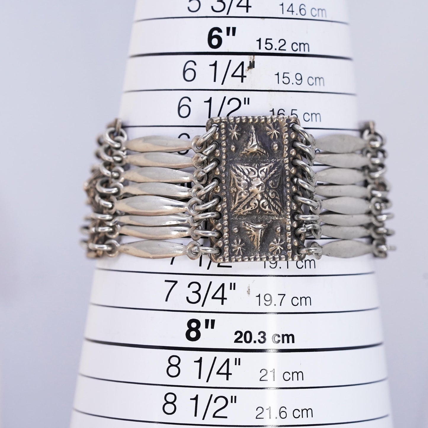 7”, Vintage Sterling 925 Silver Bracelet, Ornate Tribal, Multi Strand Cuff