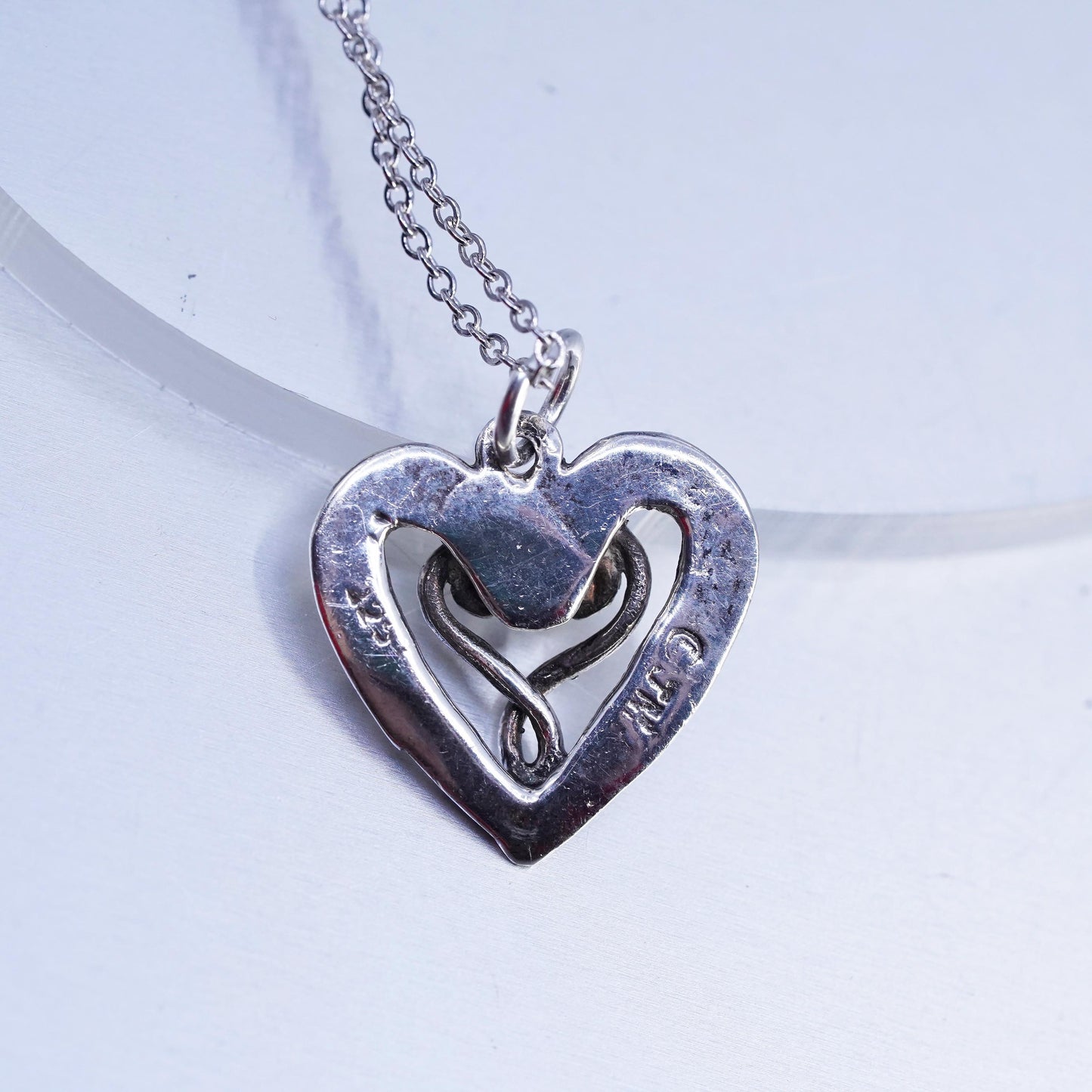 15", vintage Sterling 925 silver handmade circle necklace with heart pendant