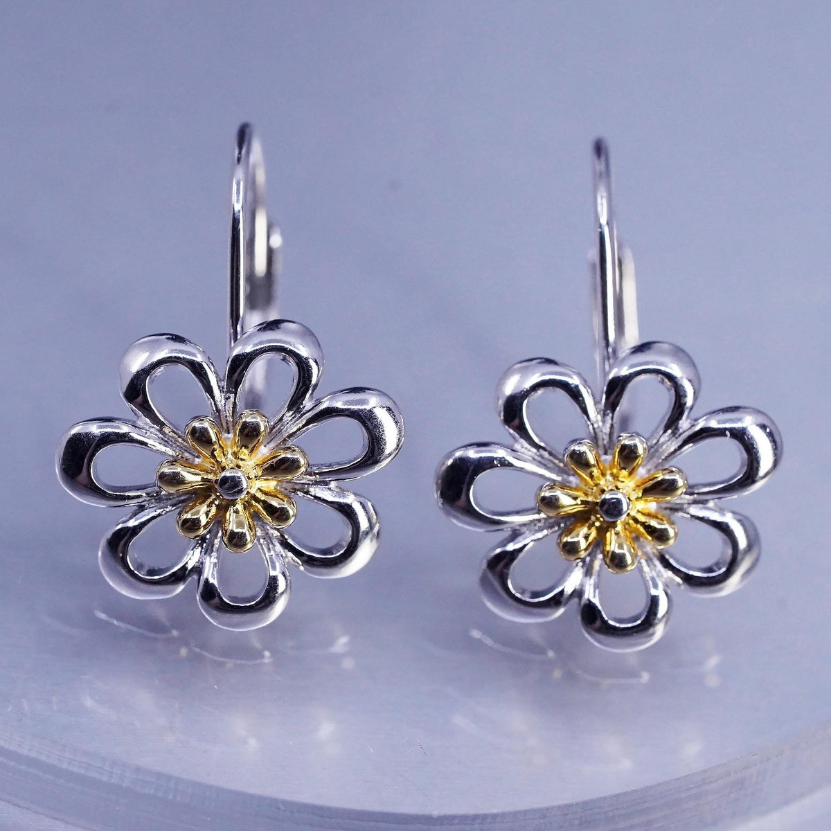 Vintage two tone Sterling 925 silver handmade flower earrings and lever back