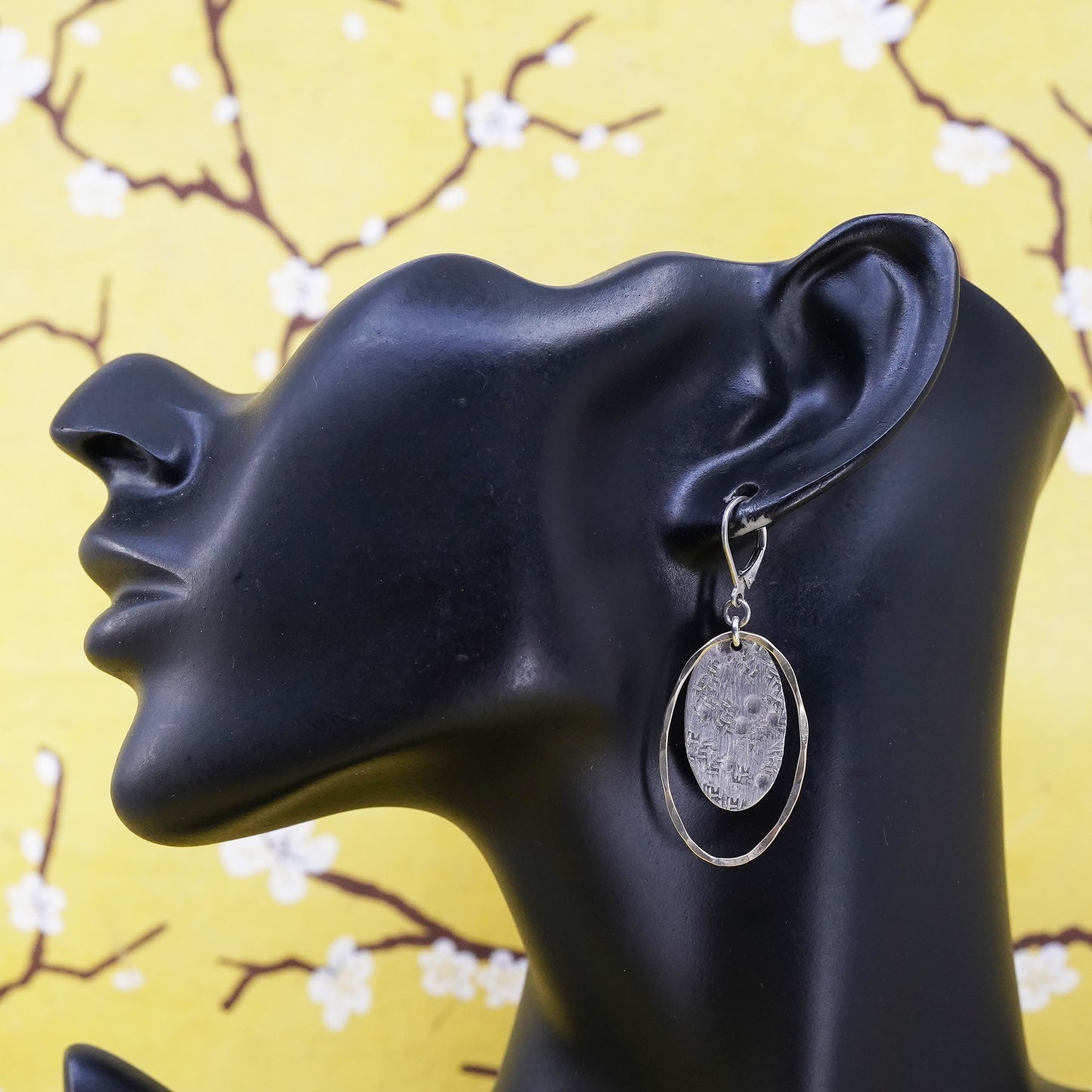 two tone Sterling 925 silver hammered circle earrings with brass circle dangles