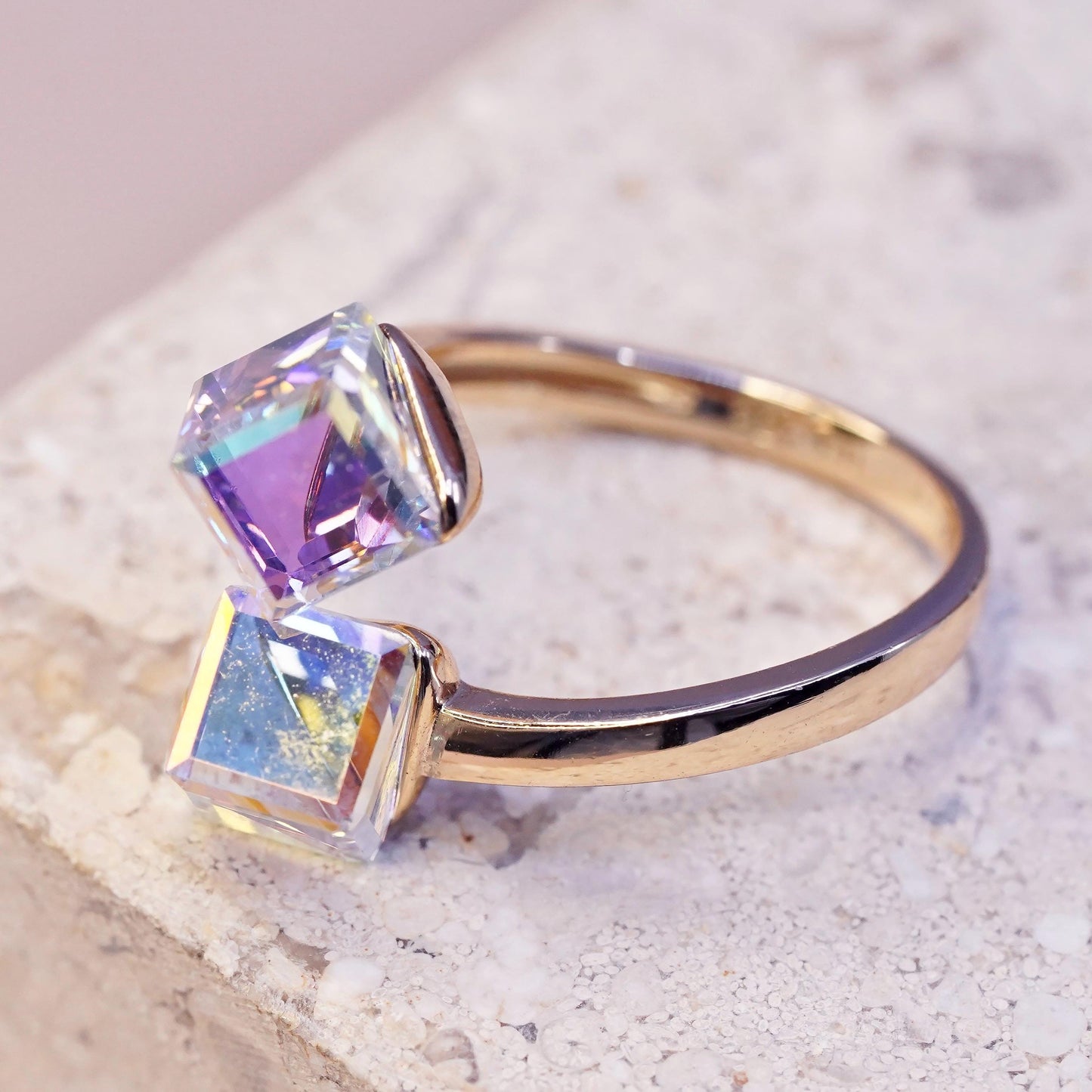 Size adjustable, gold plated sterling 925 silver wrap ring ab crystal cube ends