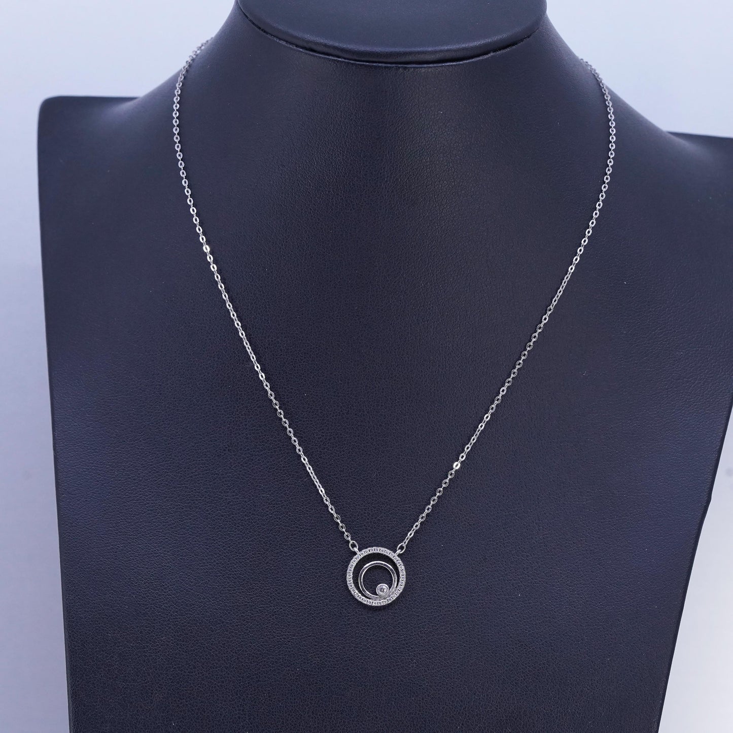 16+2", vintage Sterling 925 silver circle necklace with cz evil eye pendant