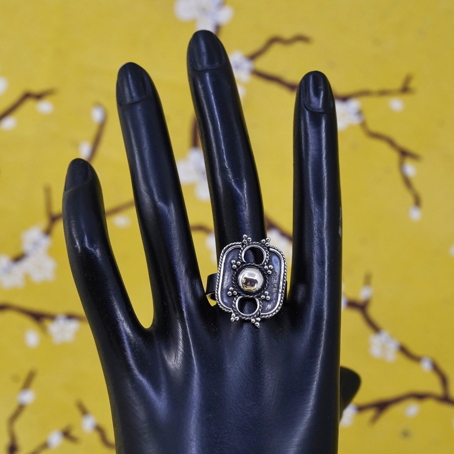 Size adjustable, Vintage Sterling silver handmade ring, 925 band with beads