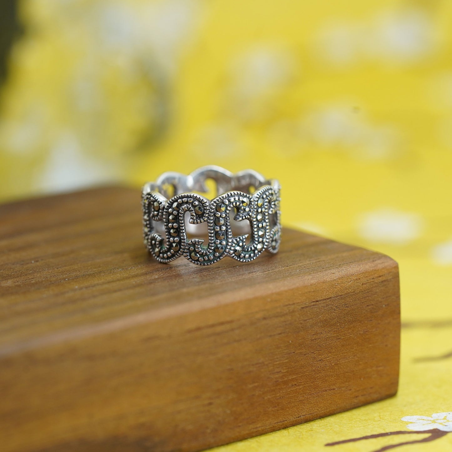 Size 6.75, Sterling silver handmade ring, southwestern, 925 S band marcasite