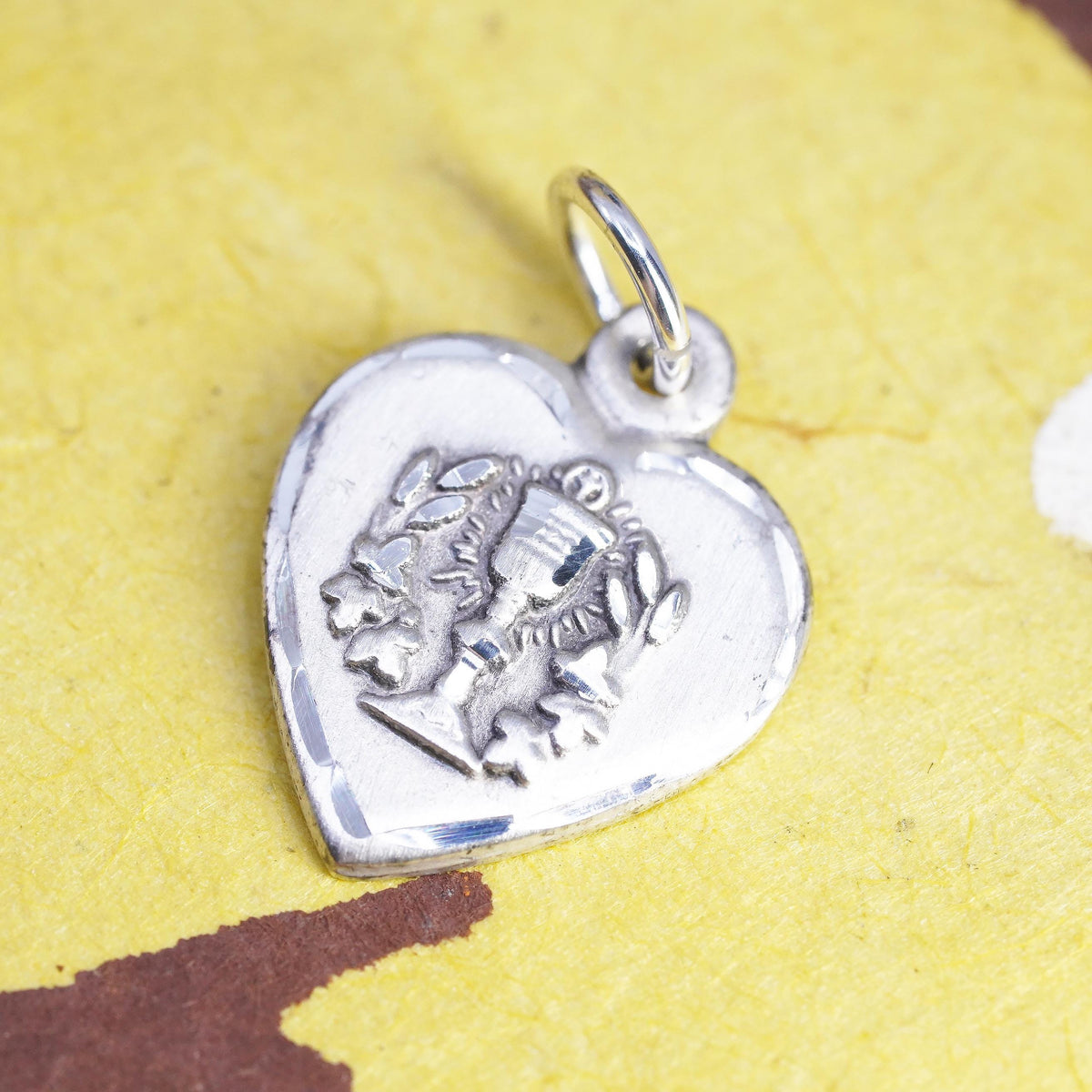 Sterling Silver 925 Heart Pendant, Eucharist Grapes, Wheat Religious Tag Charm