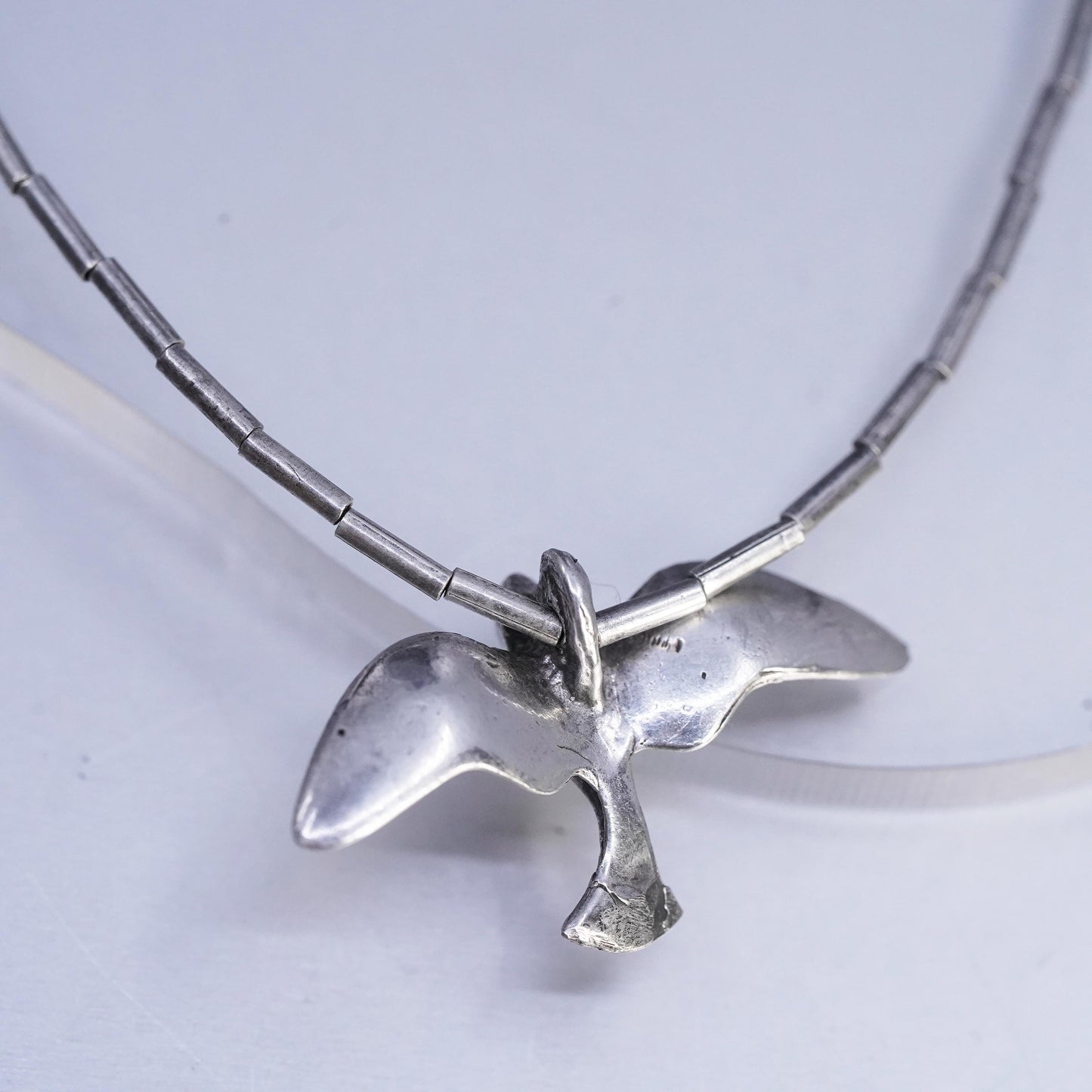 15", Native American Sterling 925 liquid silver necklace with done bird pendant