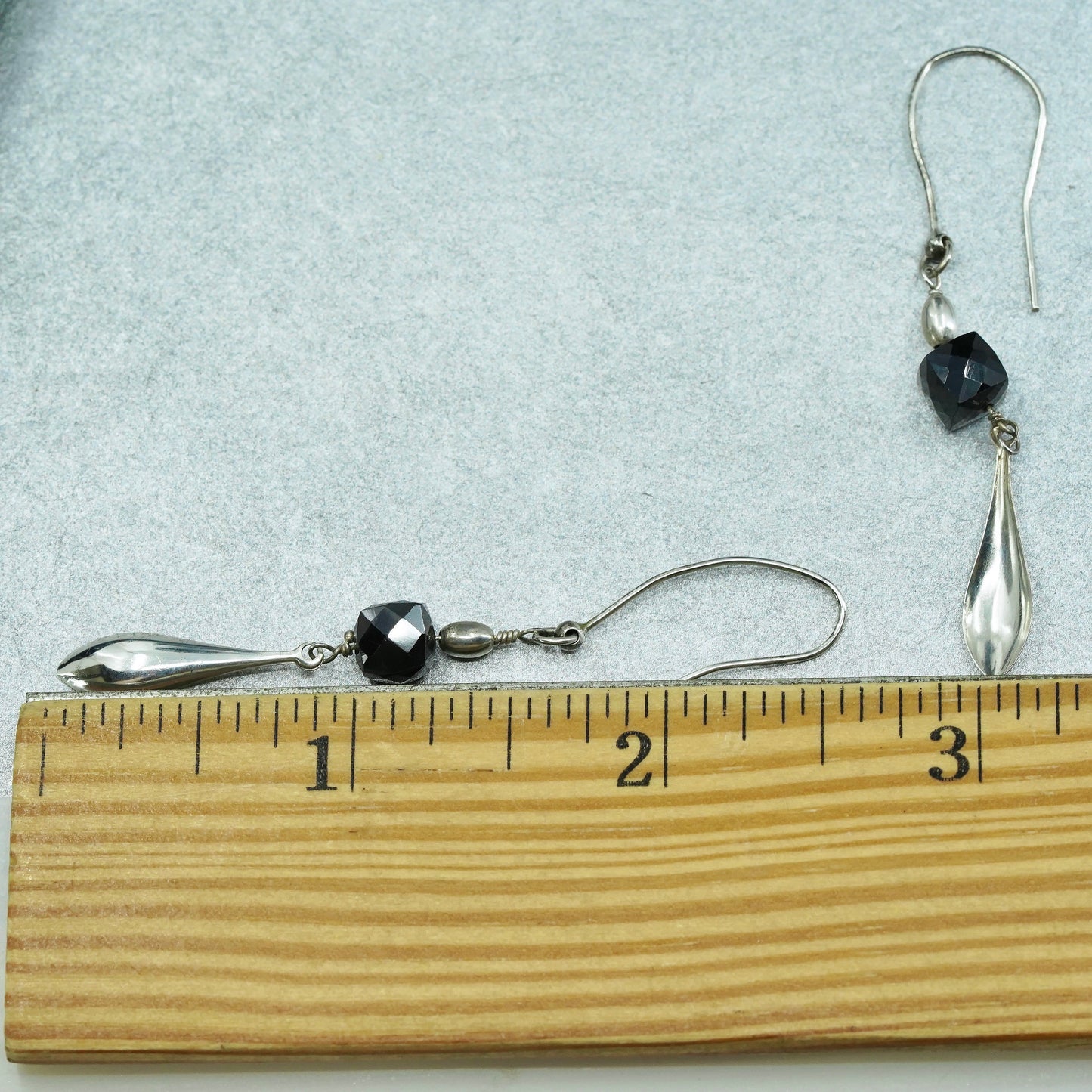 Vintage Sterling 925 silver handmade rectangular earrings with obsidian