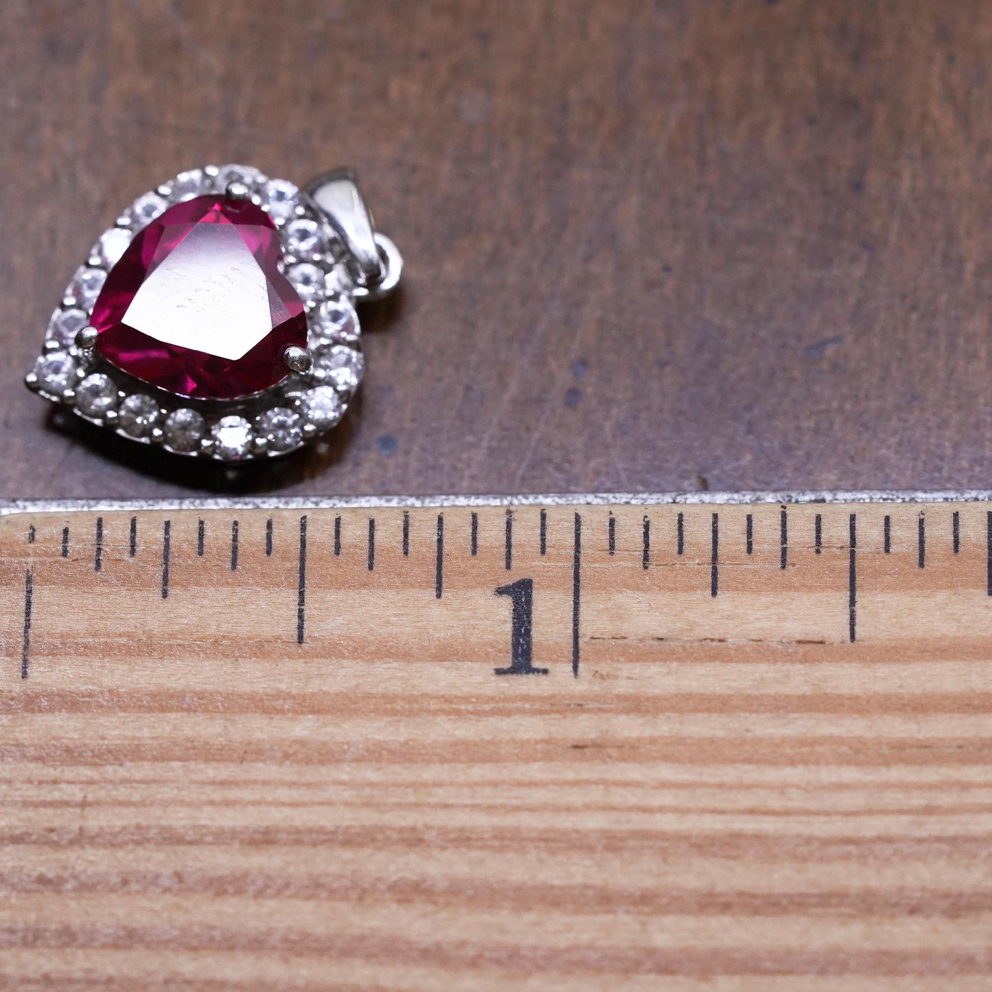 Vintage sterling silver pendant, 925 silver heart with ruby and cz around
