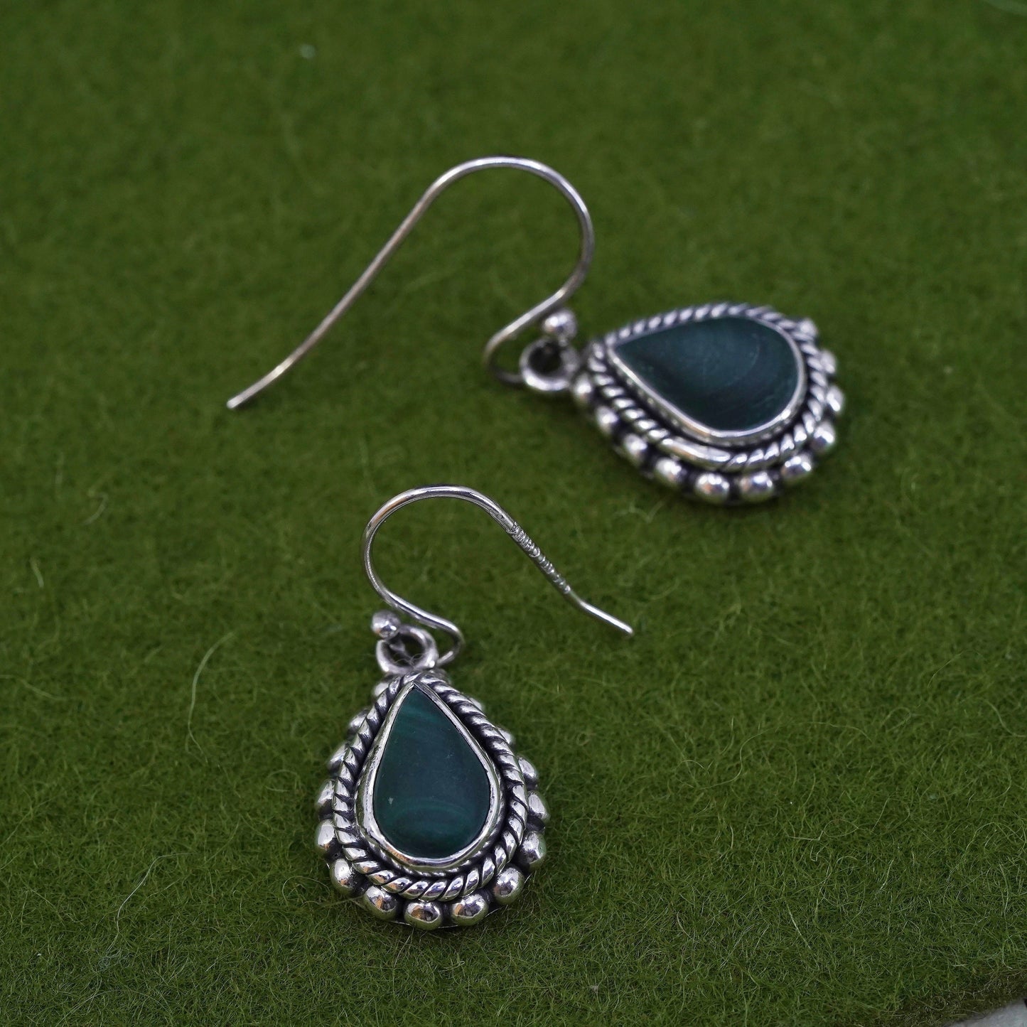 Mexican sterling 925 silver handmade earrings with teardrop malachite beads