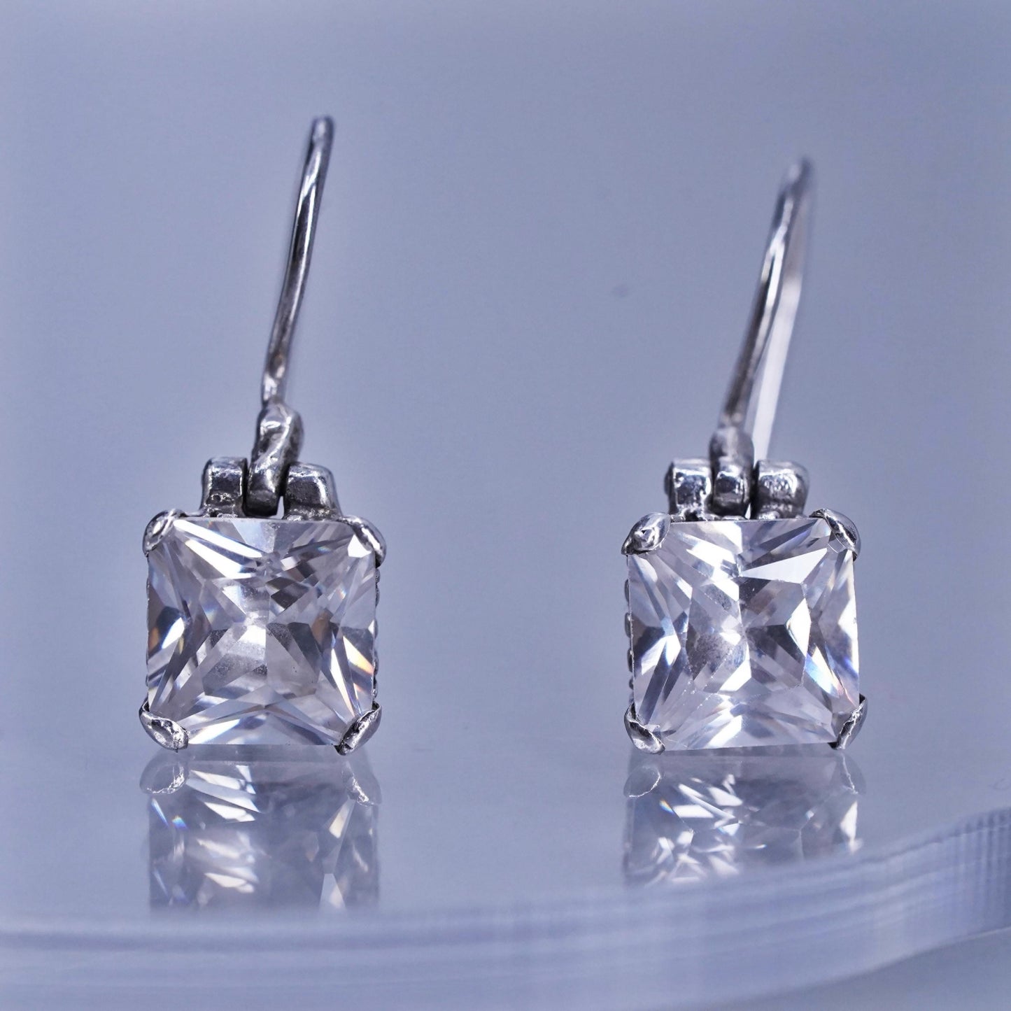 Vintage Israel Sterling 925 silver handmade square earrings with Cz