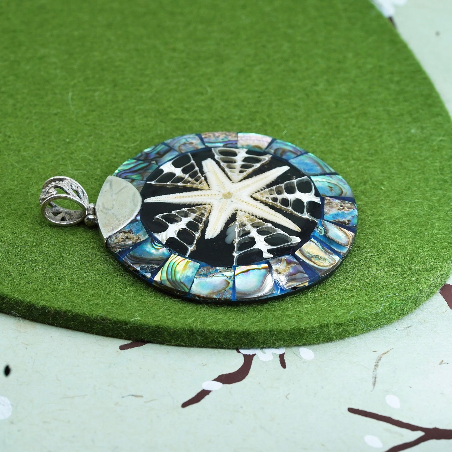 sterling silver 925 huge circle pendant with sand dollar fossil abalone inlay